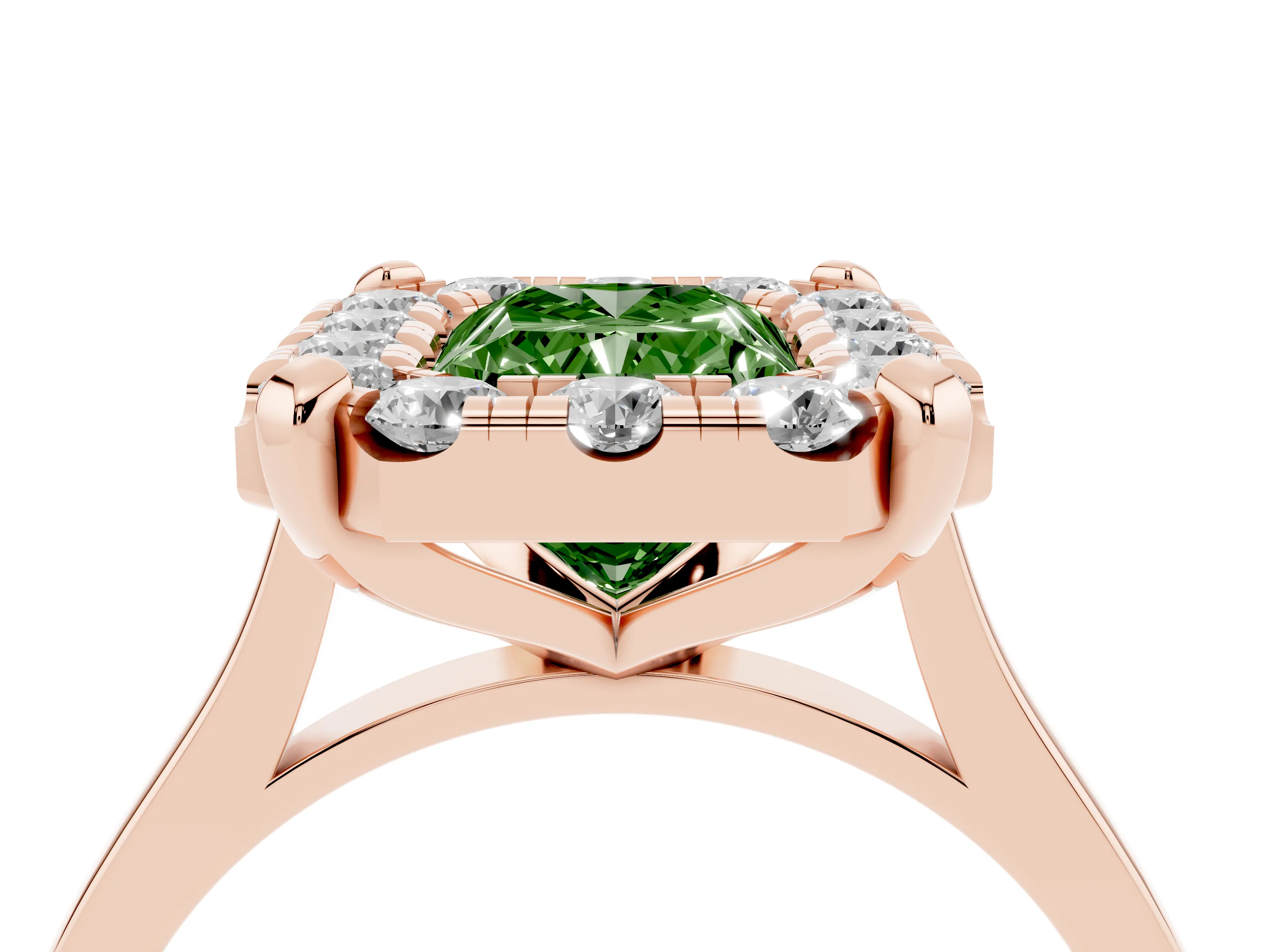 Fancy Green Radiant Cut Diamond Cluster Halo Solitaire Ring Set in Rose gold with Prong Setting