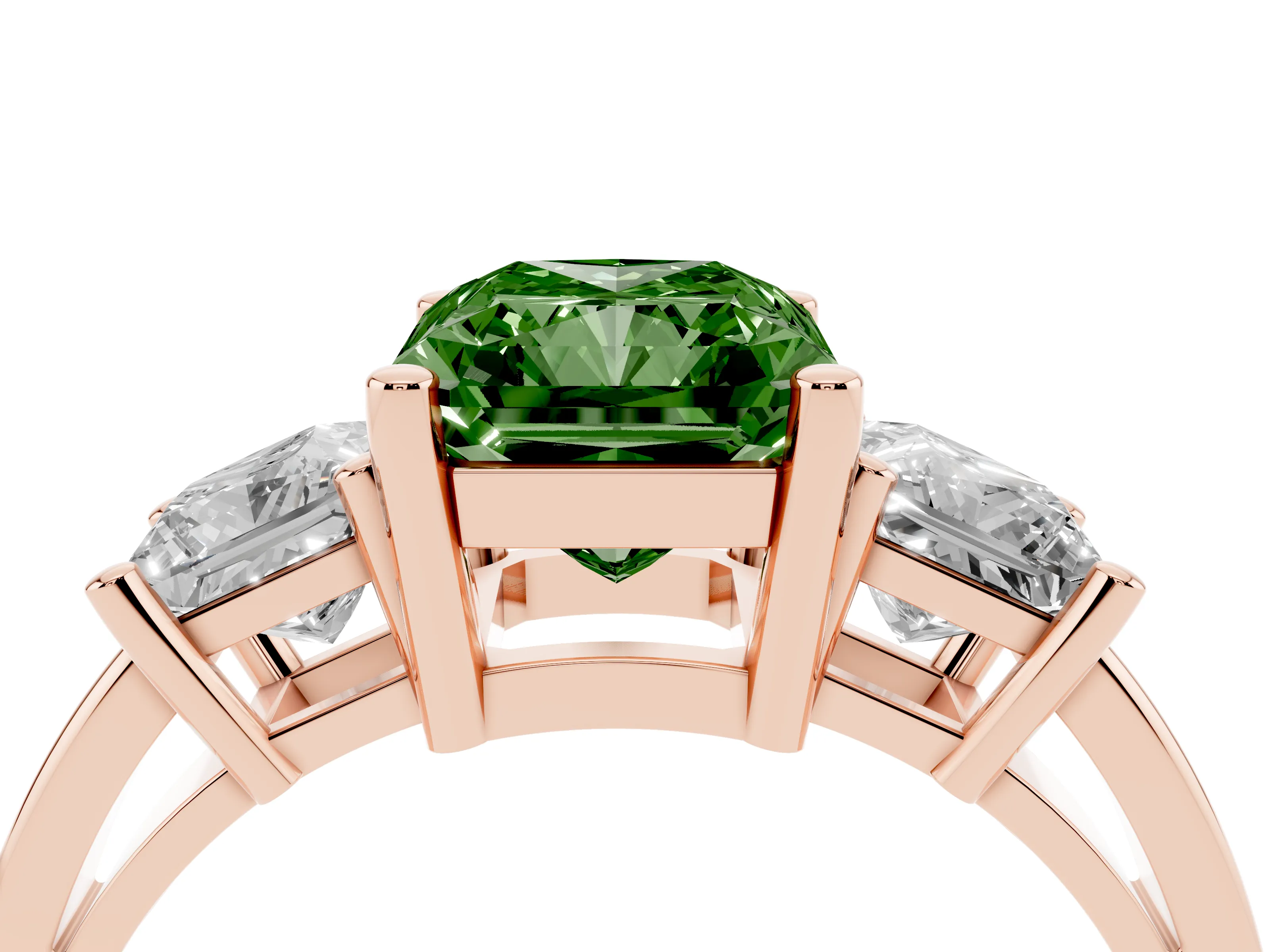 Fancy Green Three-Stone Radiant Cut Diamond Solitaire Ring Set in Rose gold with Prong Setting