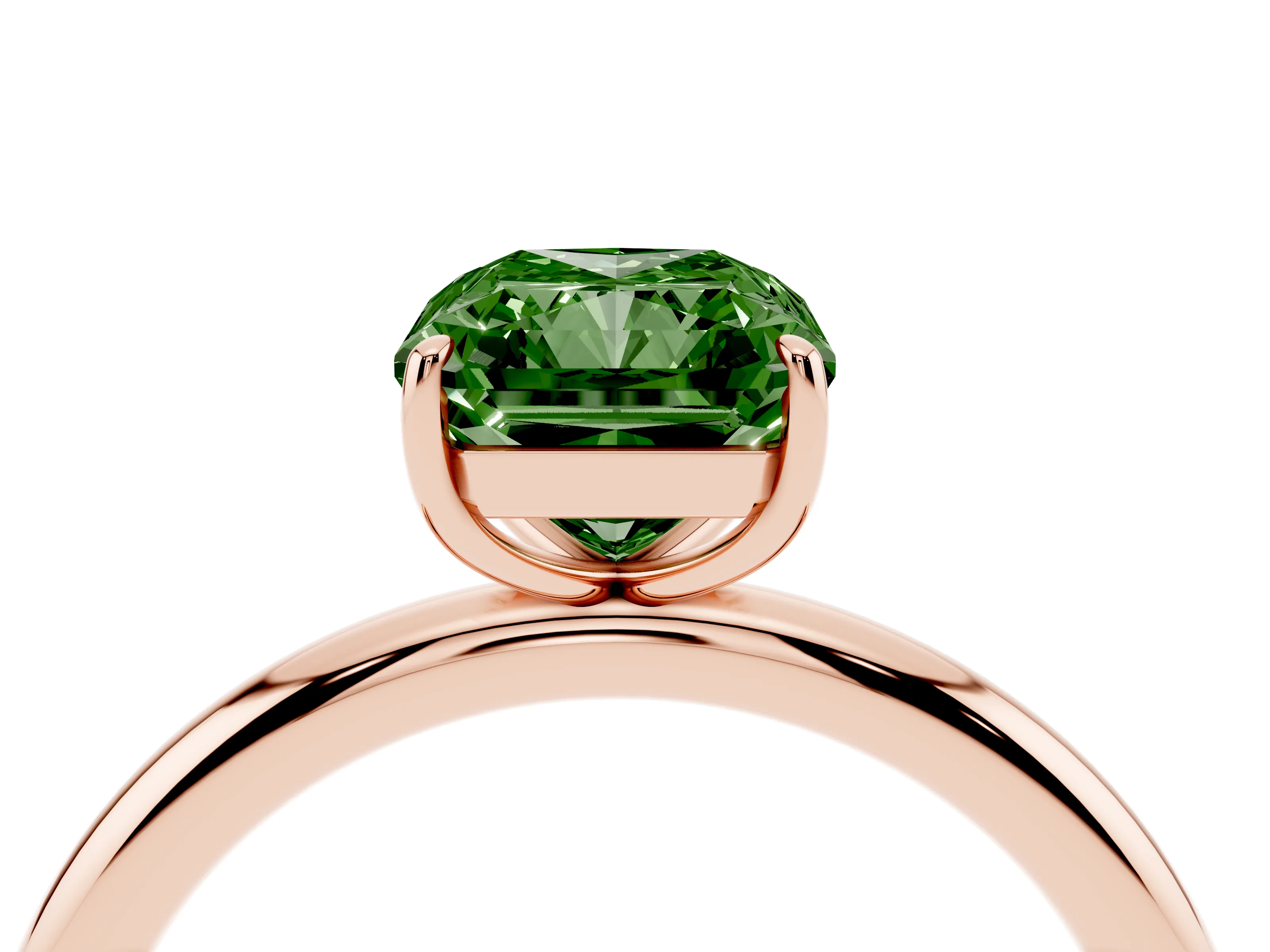 Fancy Green Radiant Cut Diamond Solitaire Ring Set in Rose gold with Prong Setting on a Polished Plain Band