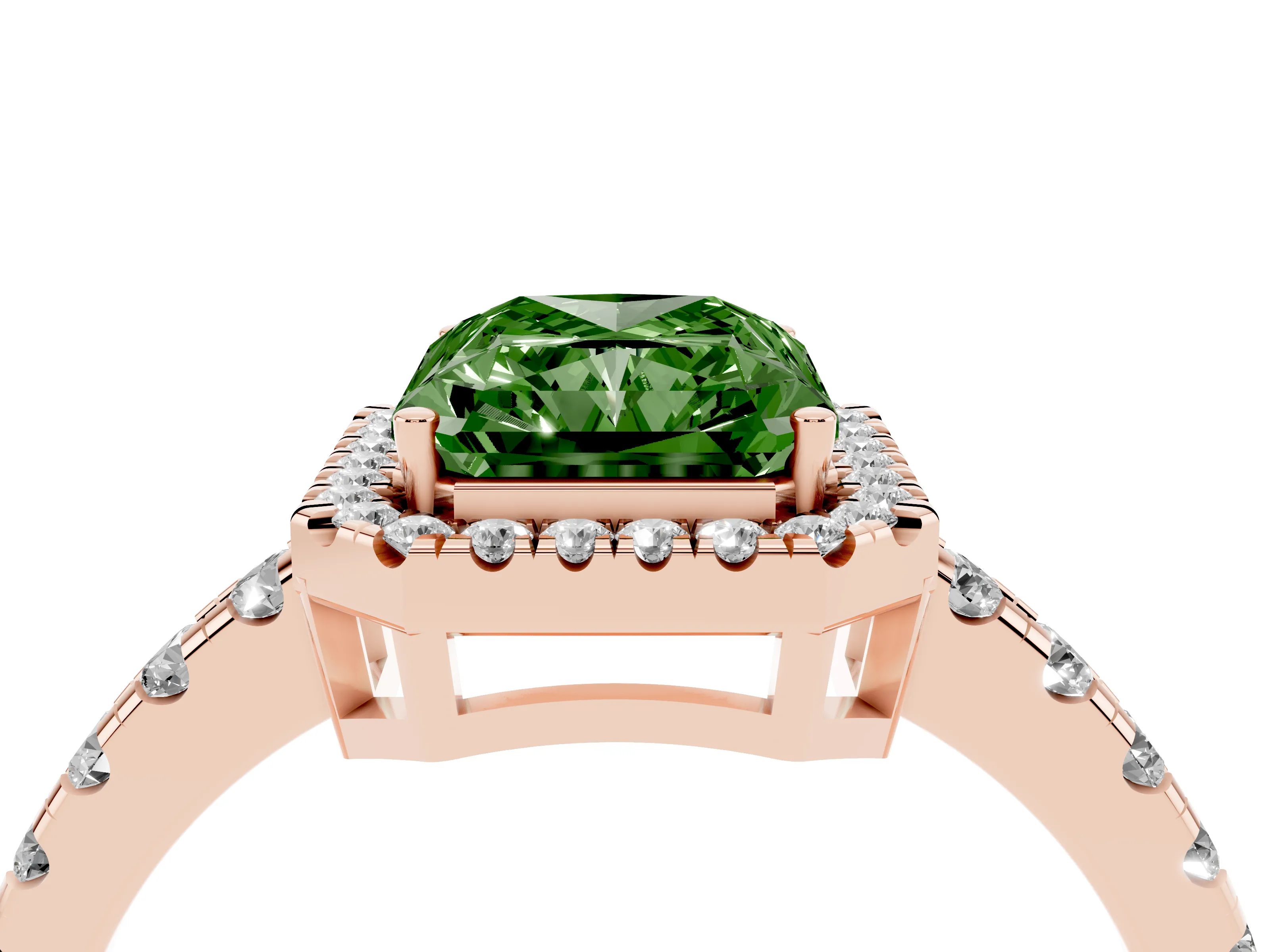 Fancy Green Radiant Cut Diamond Halo Ring Set in Rose gold with Delicate Pavé Band and Prong Setting