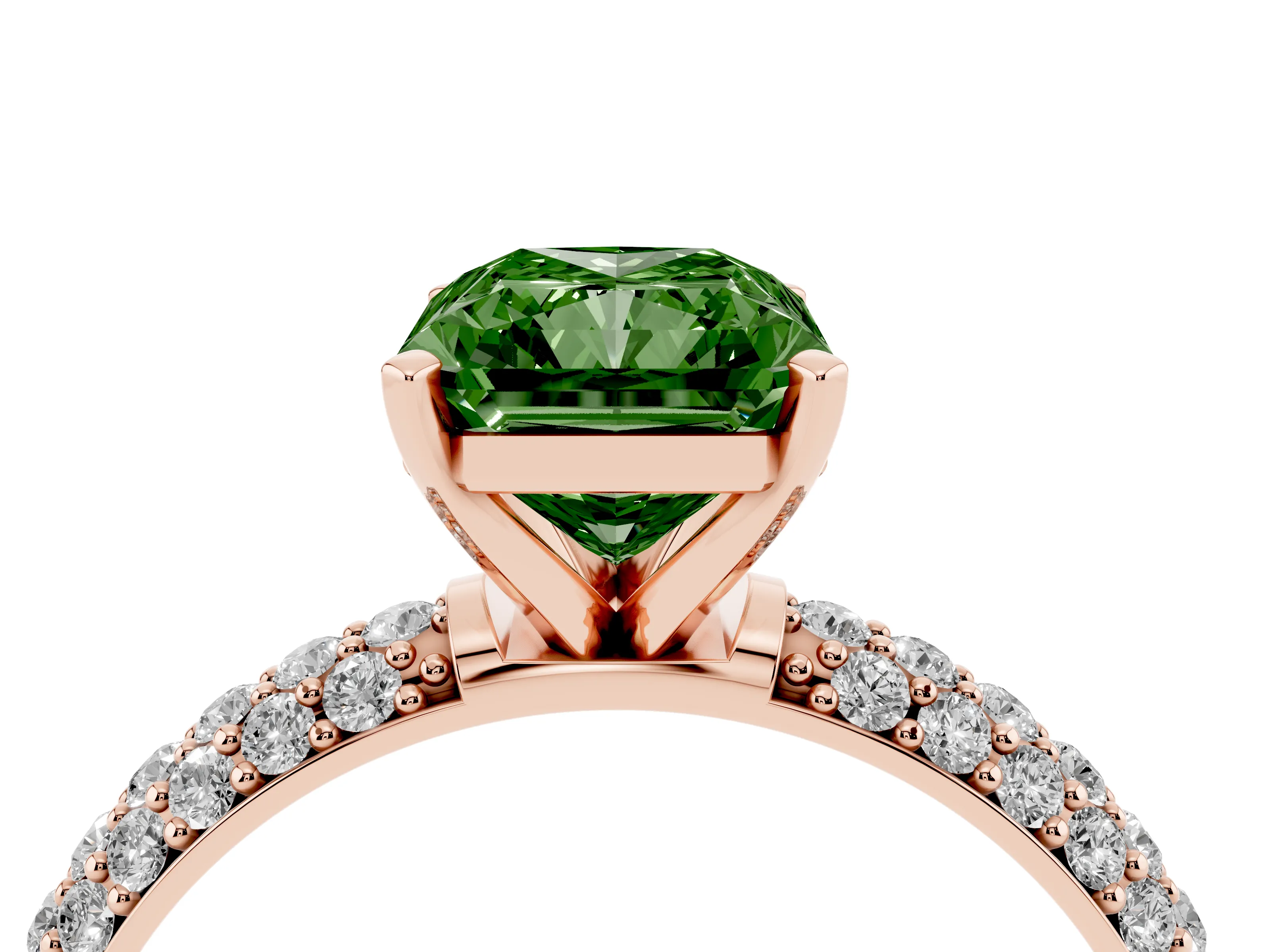Fancy Green Radiant Cut Diamond Solitaire Ring Set in Rose gold with Prong Setting and Pavé-Set Band