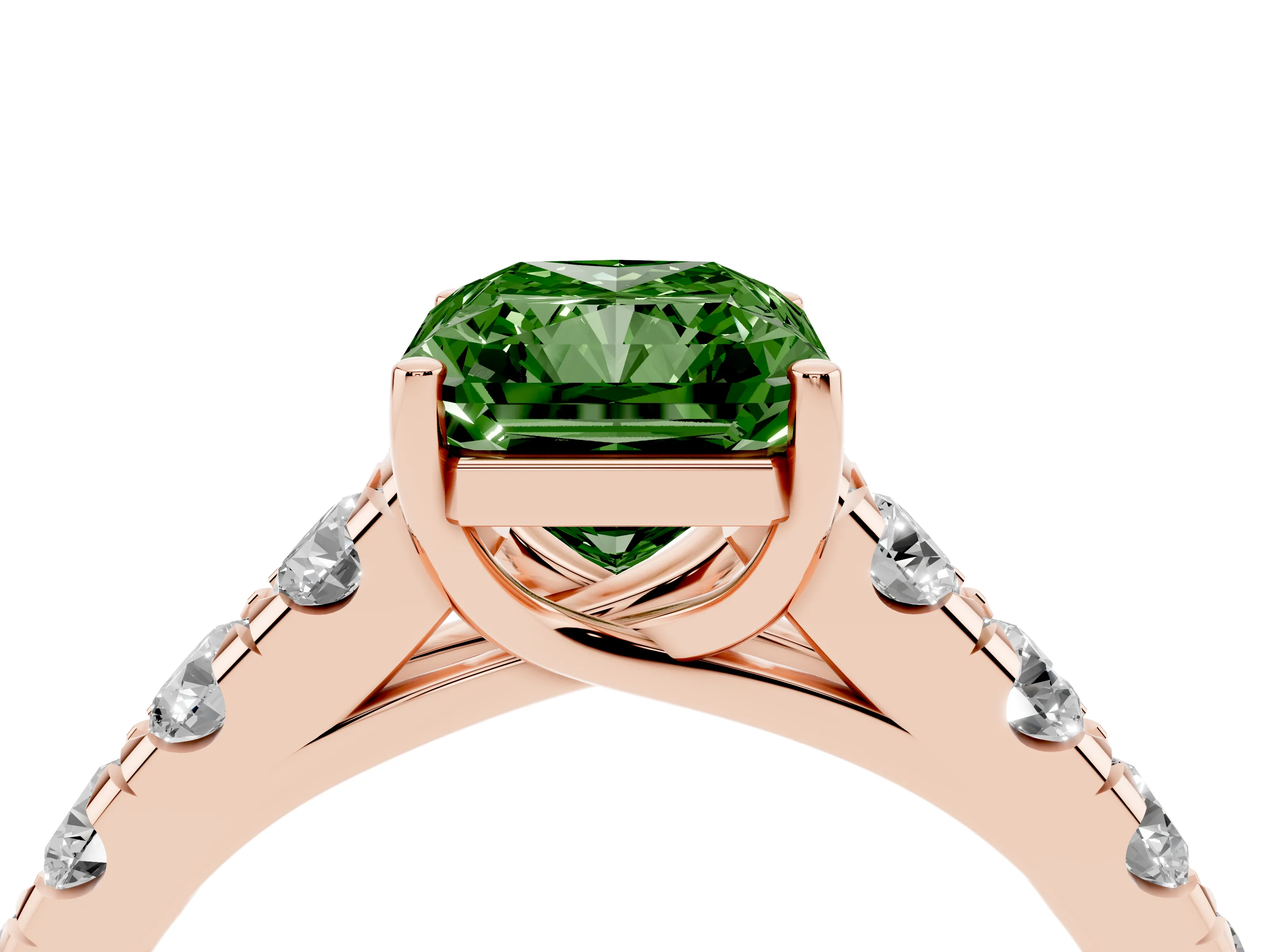 Fancy Green Radiant Cut Diamond Solitaire Ring Set in Rose gold with Cut-Down Micro Pavé Band and Prong Setting