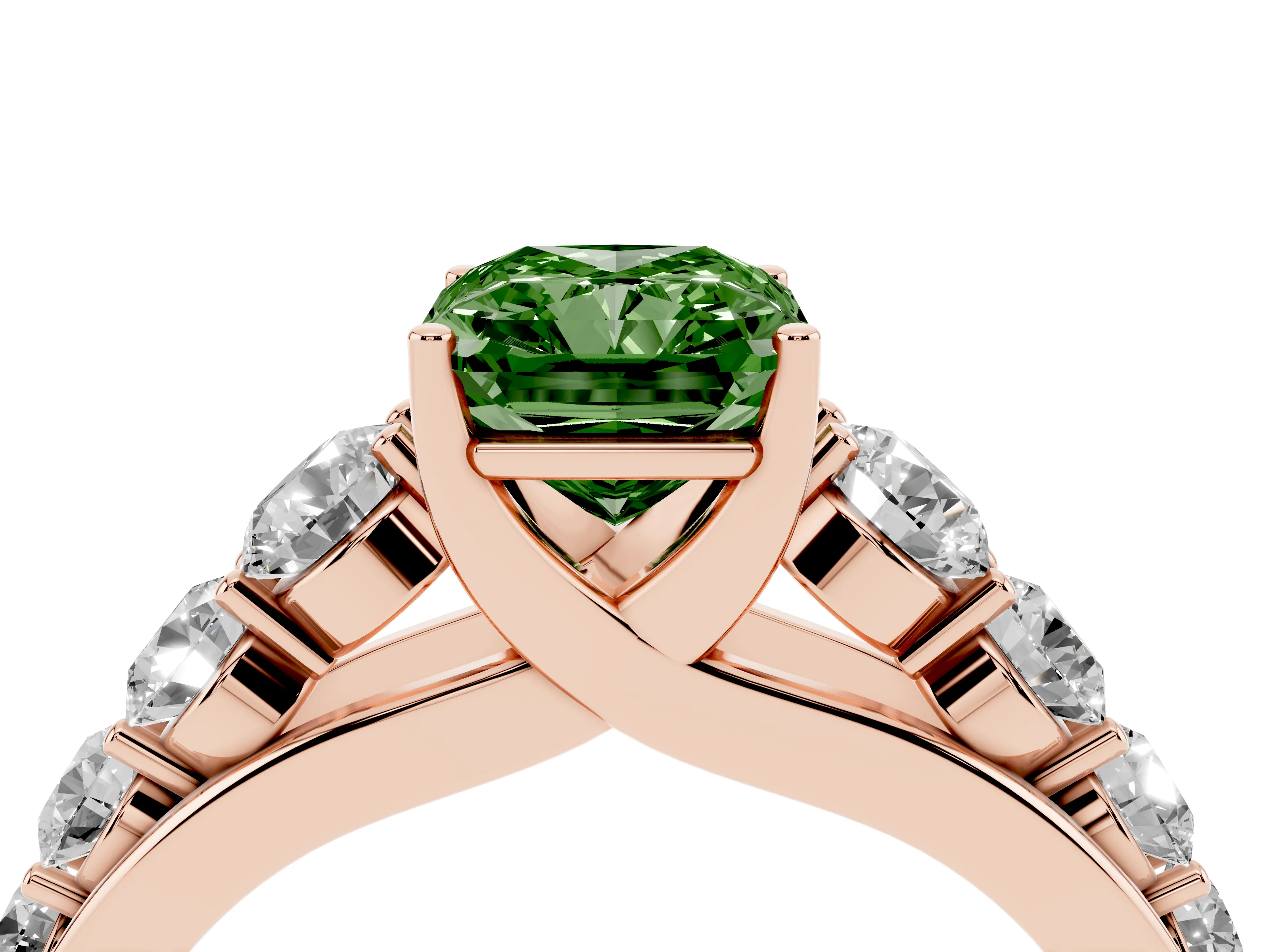 Fancy Green Radiant Cut Diamond Solitaire Ring Set in Rose gold with Pavé-Set Band and Prong Setting