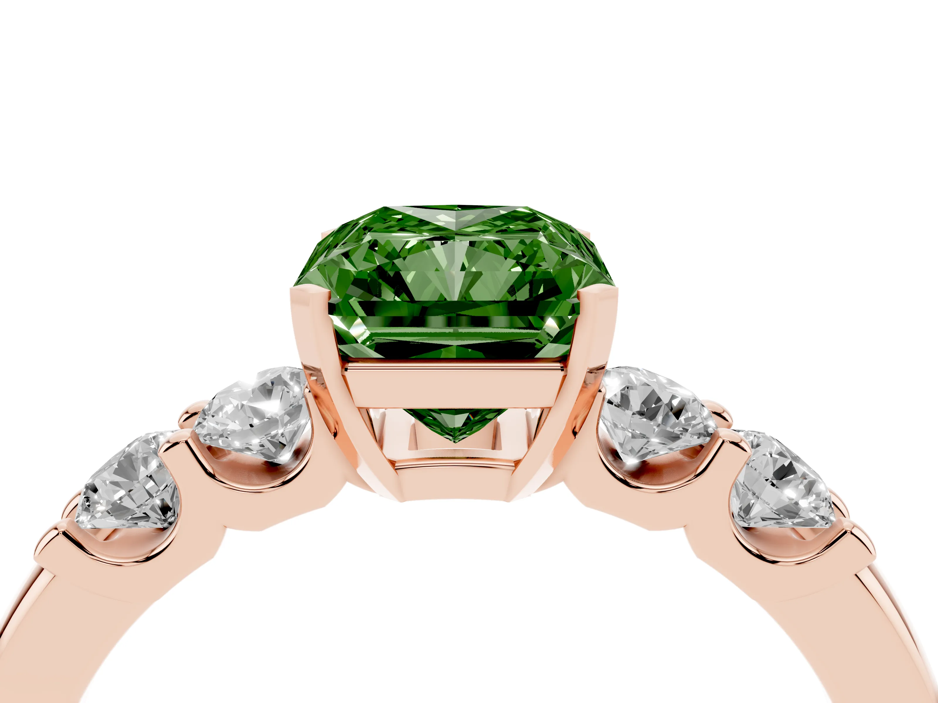 Fancy Green Radiant Cut Diamond Five-Stone Prong Set Engagement Ring Set in Rose gold with Channel Band