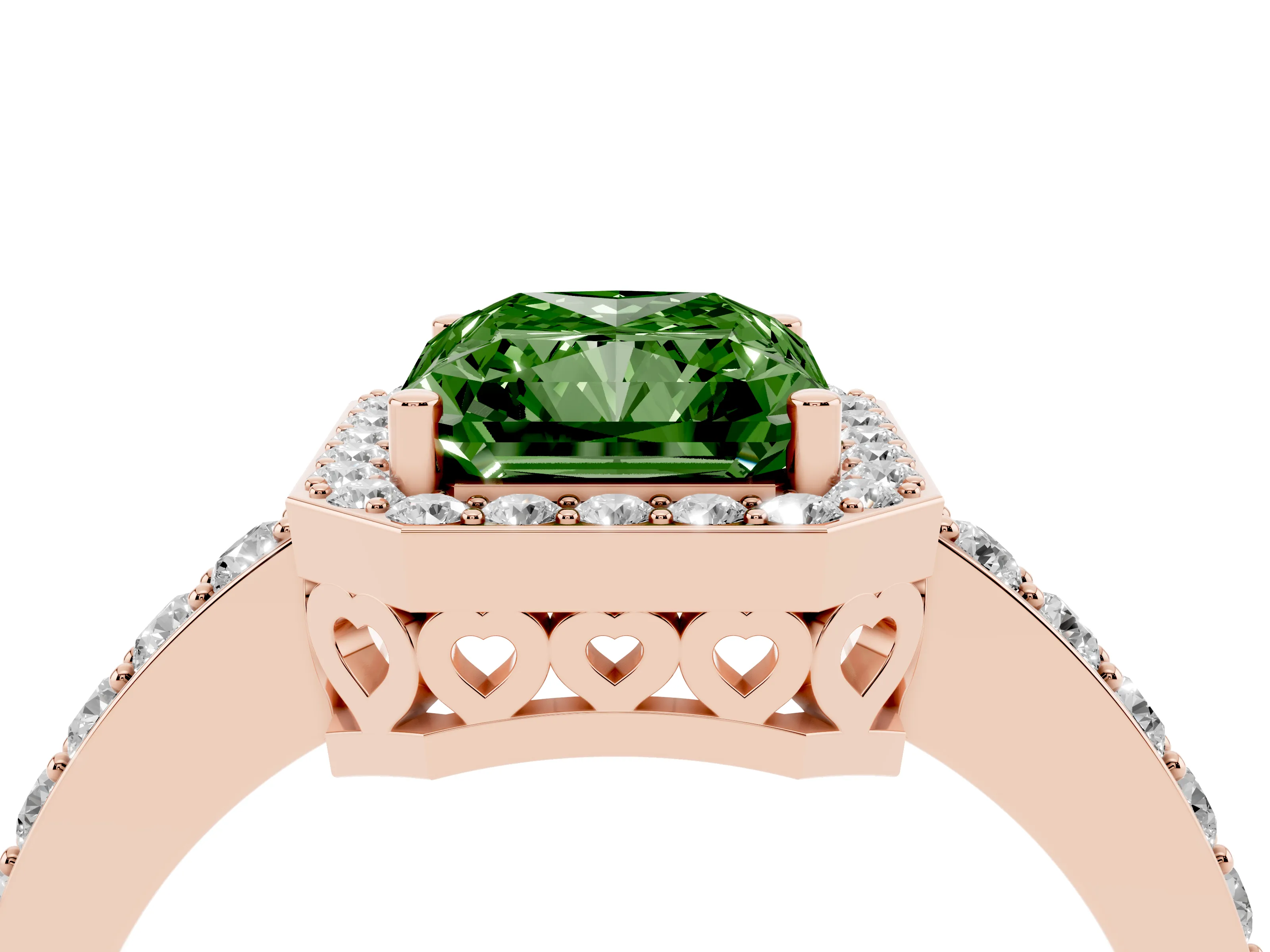 Fancy Green Radiant Cut Diamond Halo Ring Set in Rose gold with Pavé-Setting Band and Open Prong Center