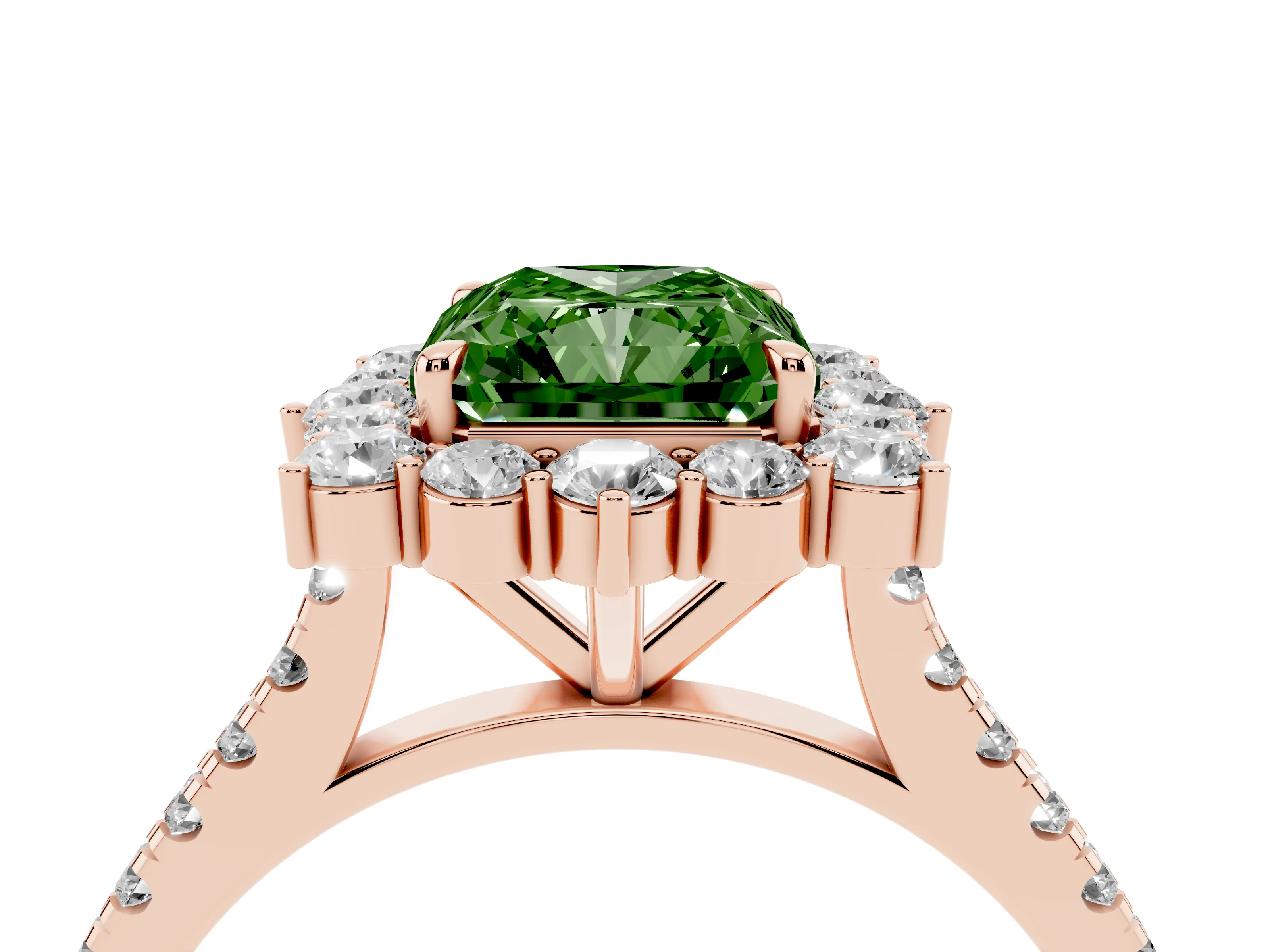 Fancy Green Radiant Cut Diamond Halo Ring Set in Rose gold with Pavé Band and Prong Setting