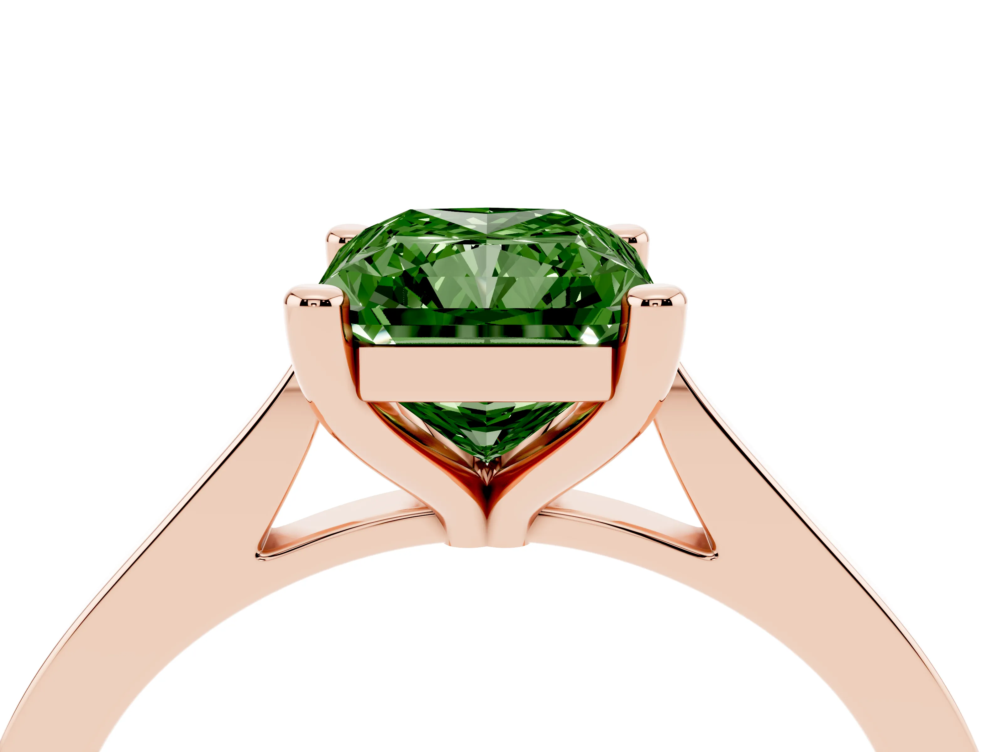 Fancy Green Radiant Cut Diamond Solitaire Ring Set in Rose gold with Prong Setting and Tapered Band