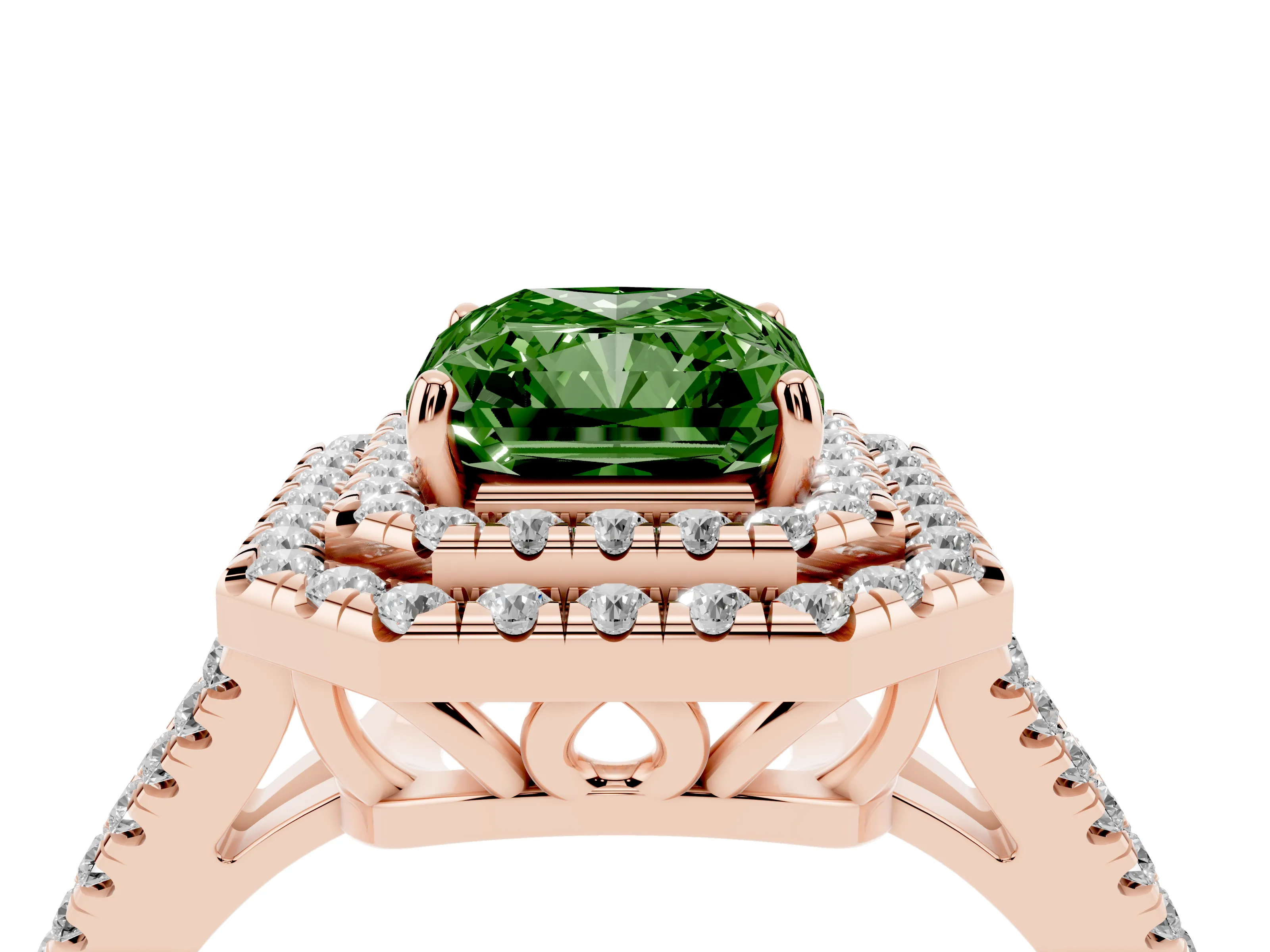 Fancy Green Radiant Cut Diamond Double Halo Ring Set in Rose gold with Pavé Band