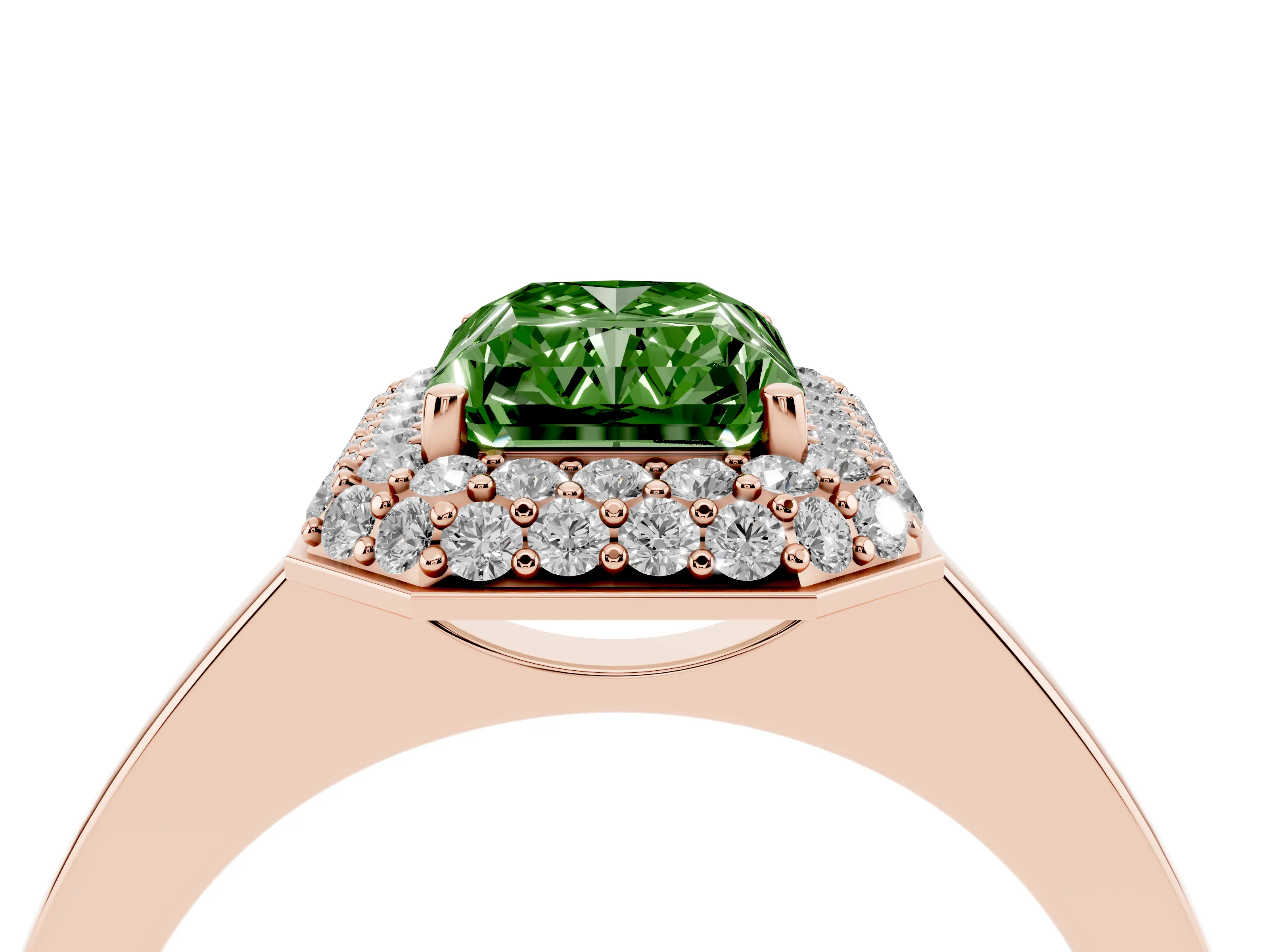 Fancy Green Radiant Cut Diamond Halo Engagement Ring Set in Rose gold with Solitaire Band and Prong Setting