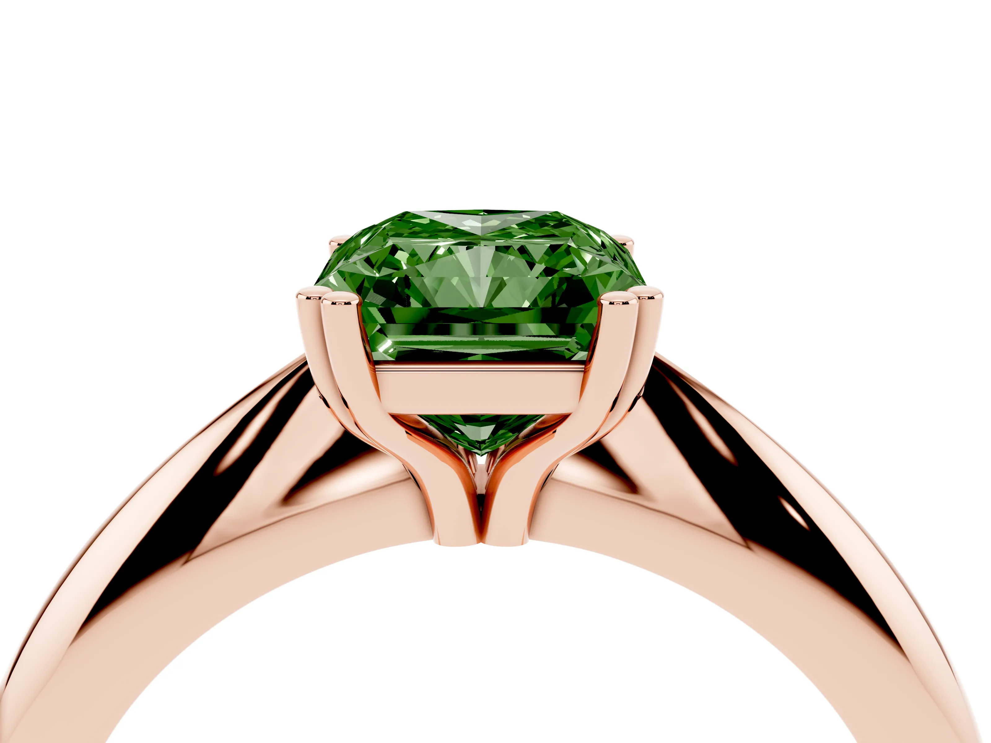 Fancy Green Radiant Cut Diamond Solitaire Engagement Ring Set in Rose gold with Tapered Band and Prong Setting