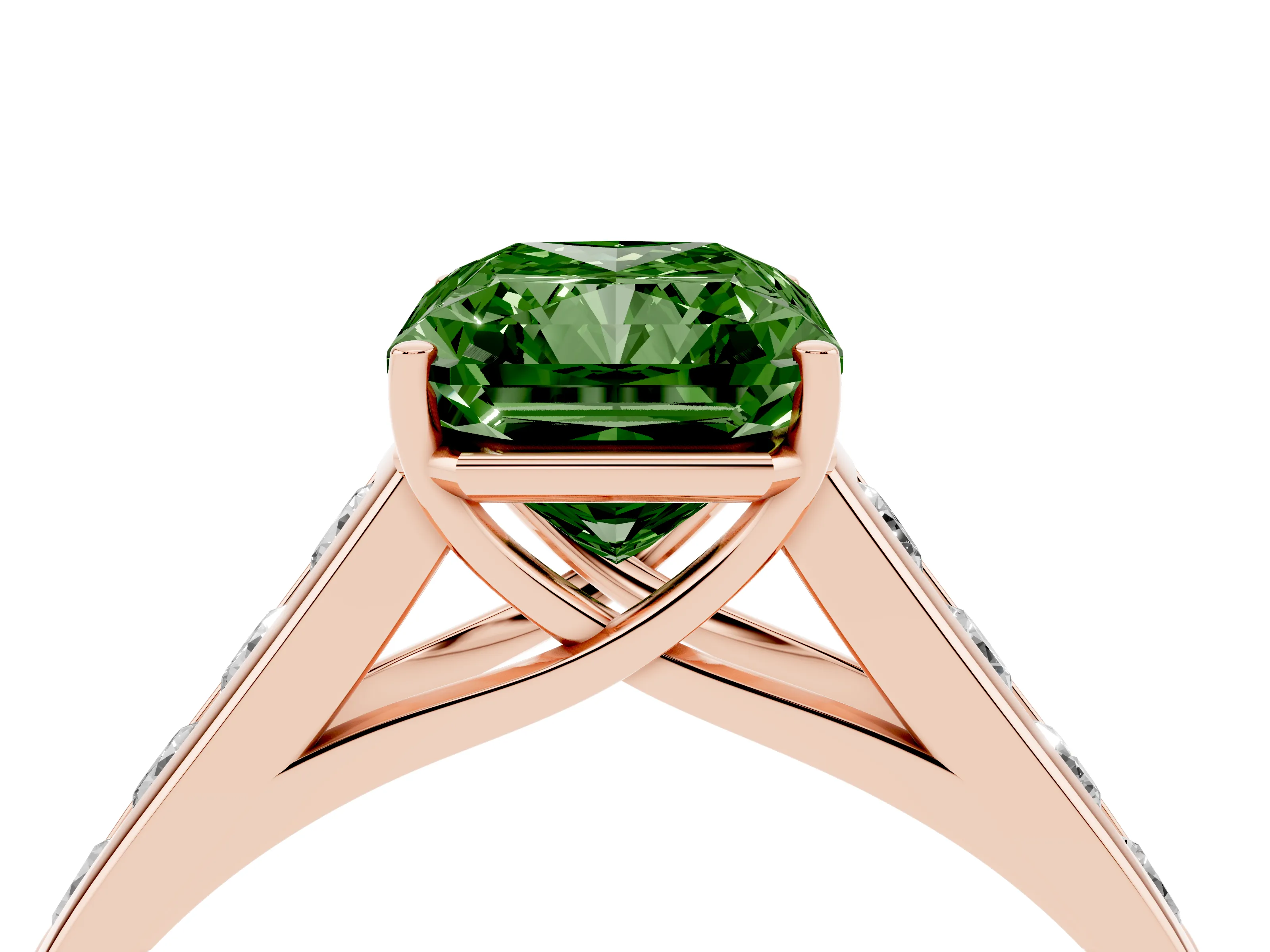 Fancy Green Radiant Cut Diamond Brilliant Channel-Set Solitaire Ring Set in Rose gold with Prong Setting