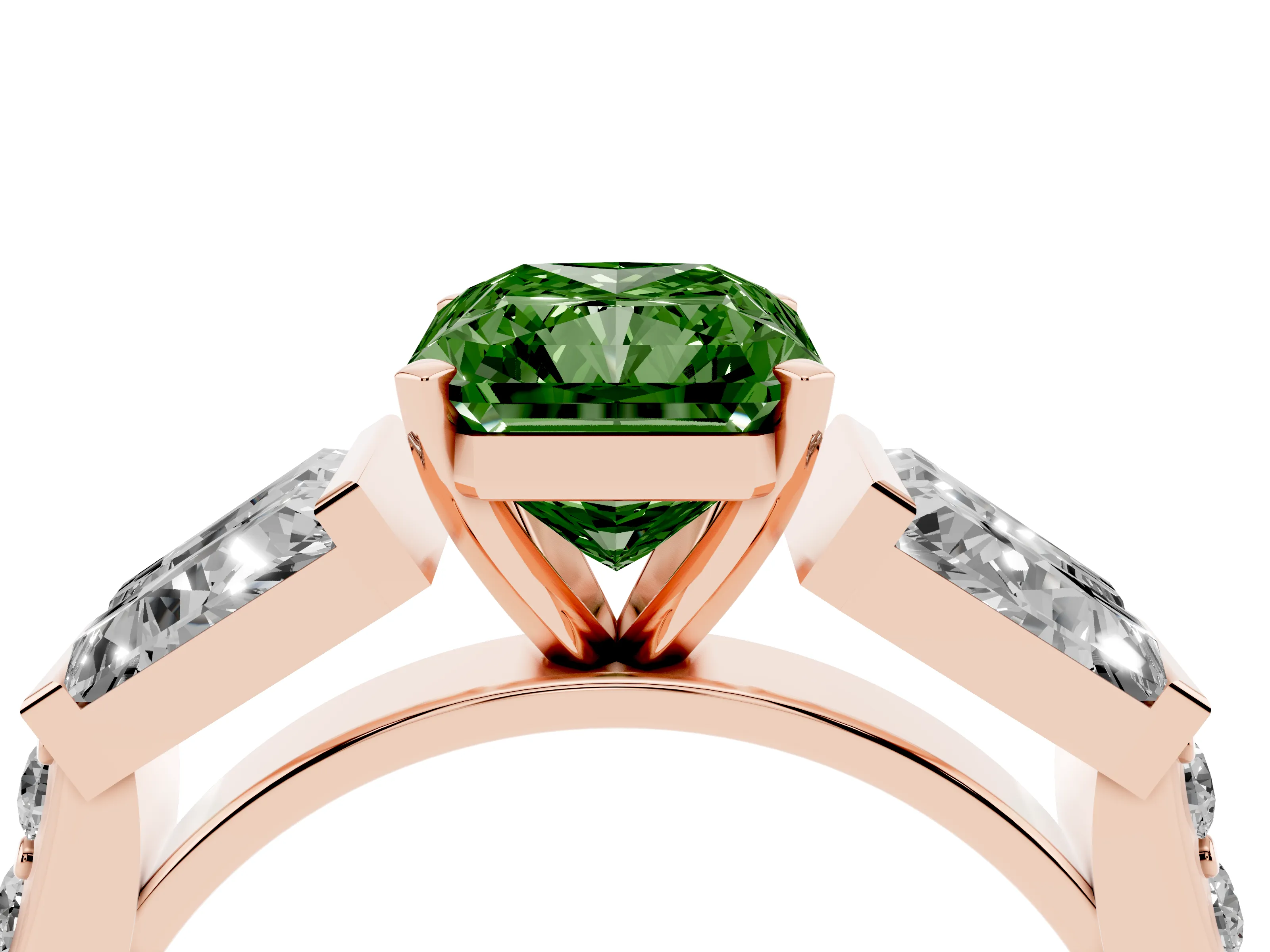 Fancy Green Radiant Cut Diamond Engagement Ring Set in Rose gold with Baguette Side Stones and Channel Set Band