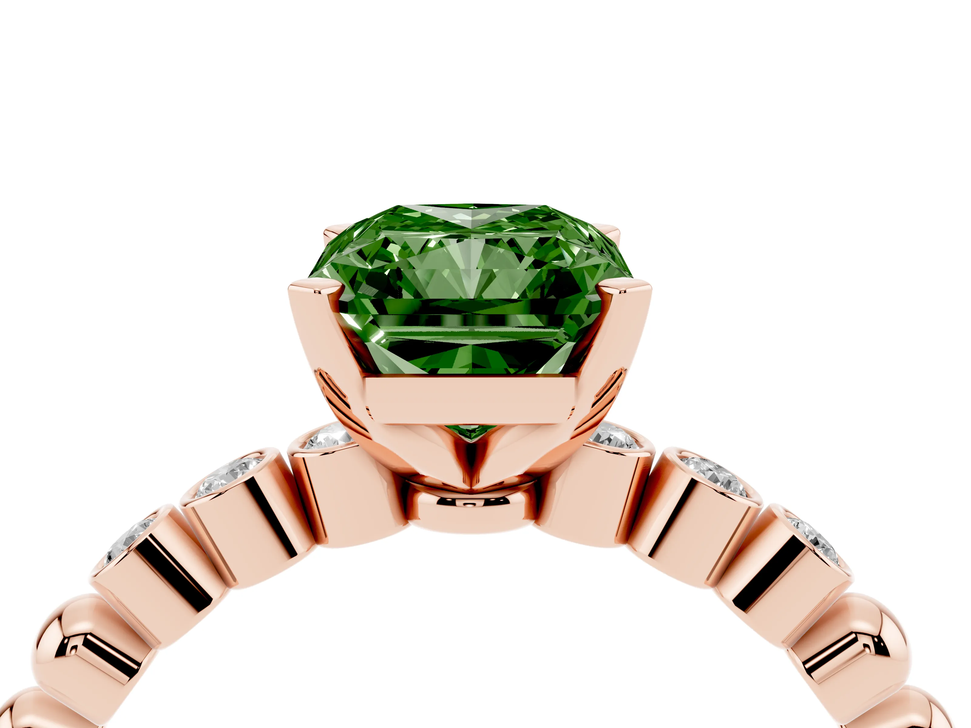Fancy Green Radiant Cut Diamond Solitaire Engagement Ring Set in Rose gold with Bezel Accents on Beaded Band