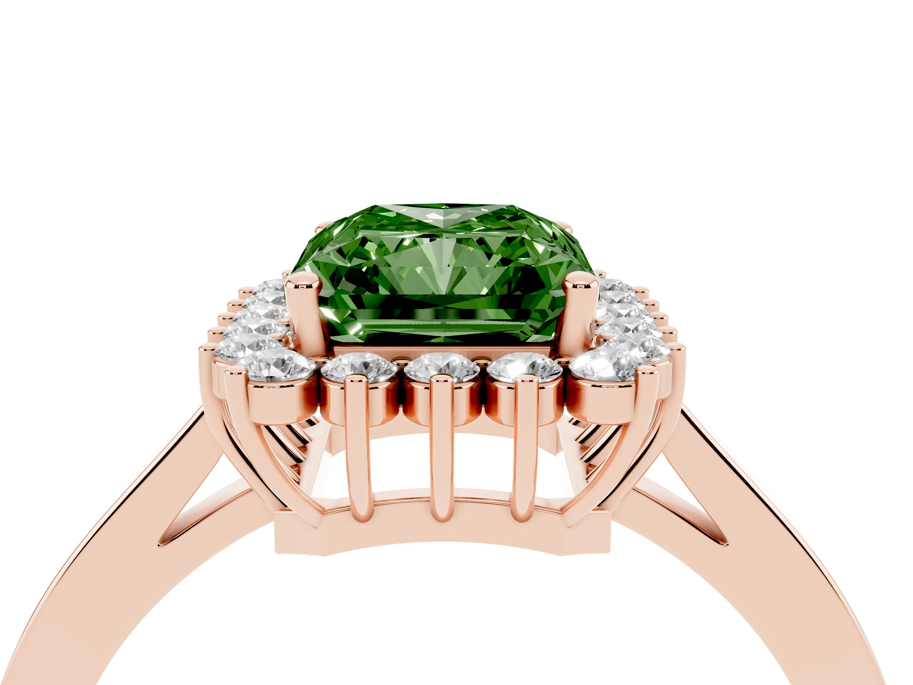 Fancy Green Radiant Cut Diamond Halo Ring Set in Rose gold with Round Halo and Smooth Solitaire Band