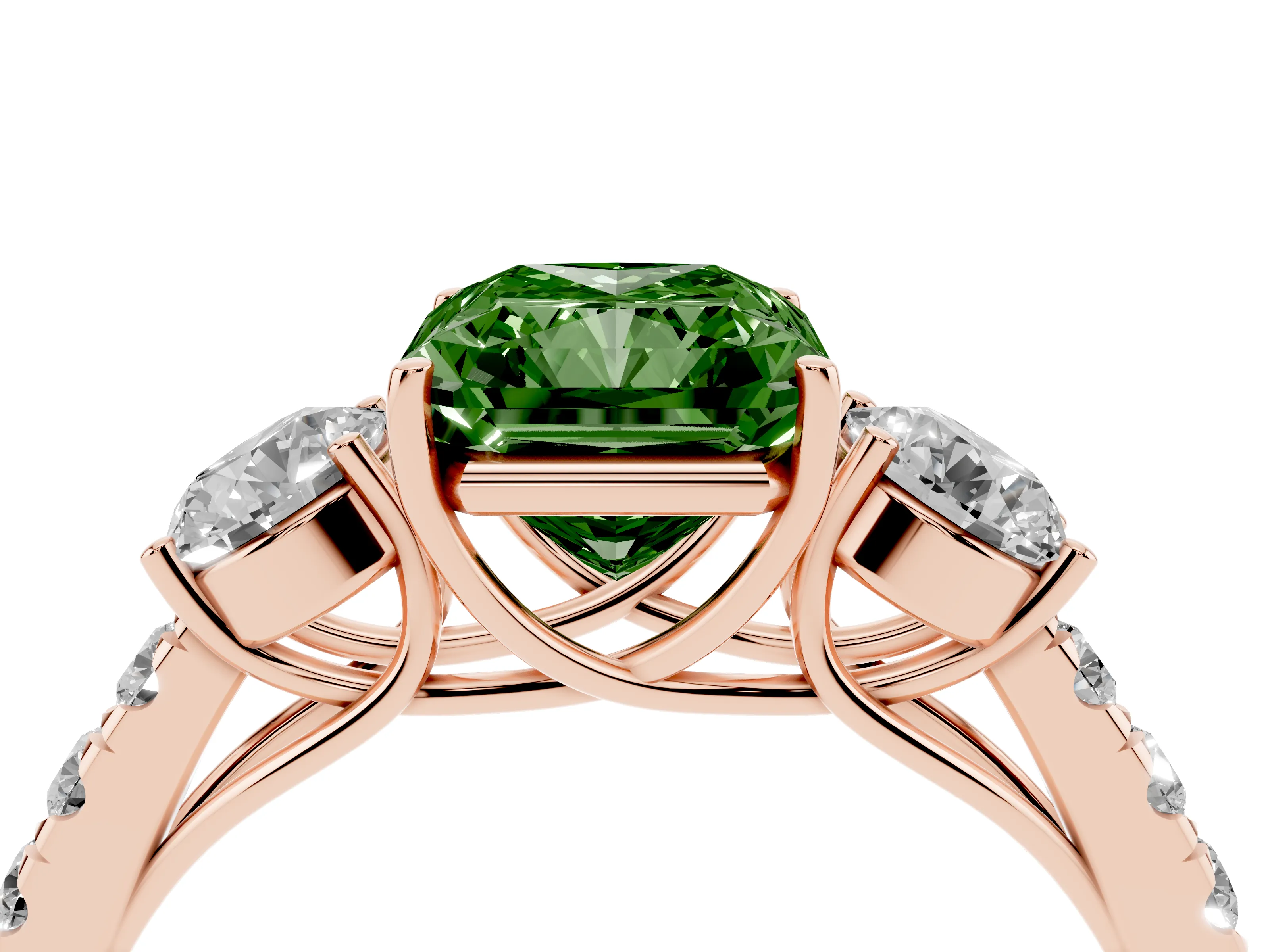 Fancy Green Radiant Cut Diamond Three-Stone Ring Set in Rose gold with Round Side Stones and Delicate Pavé Band