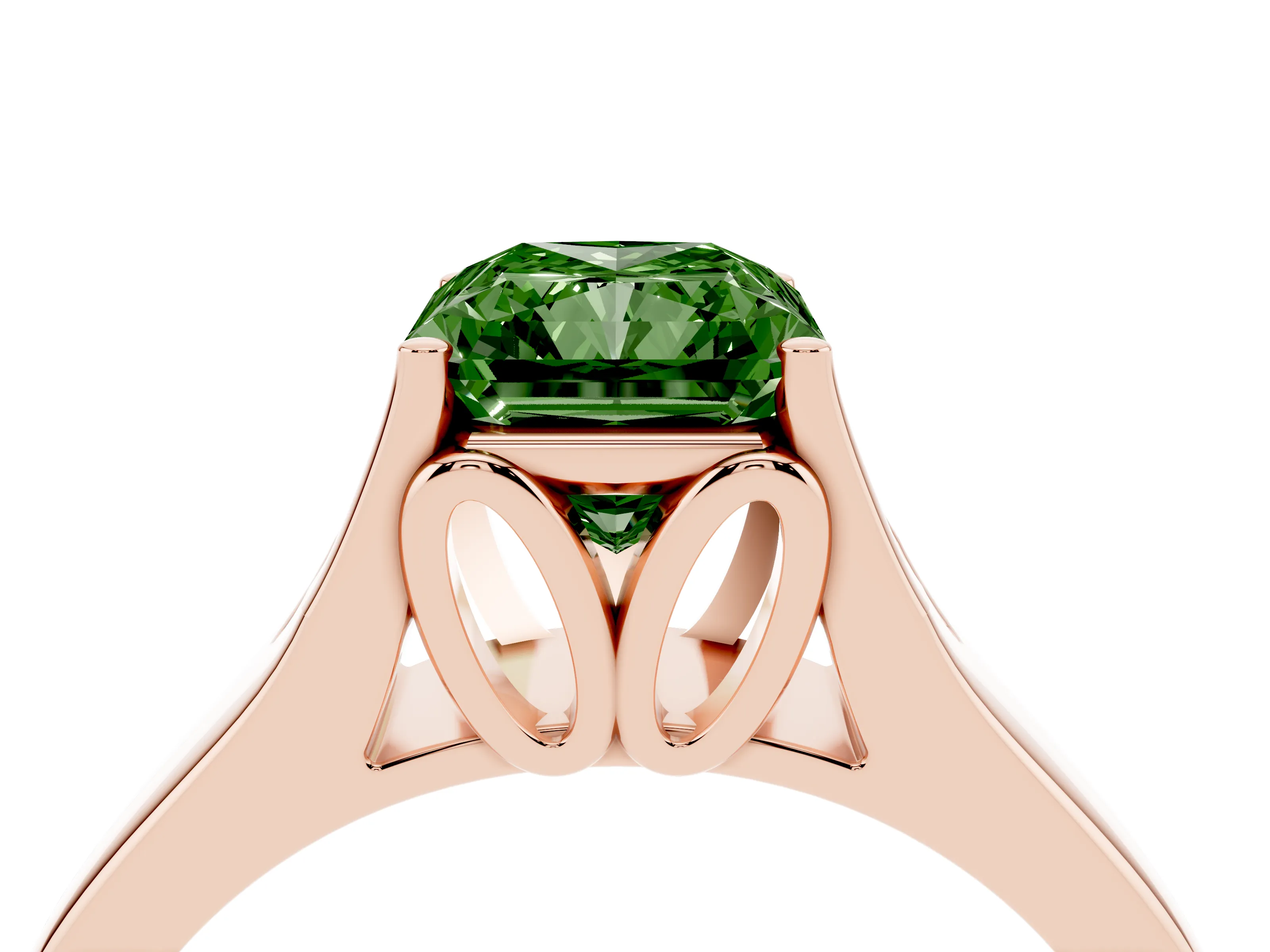 Fancy Green Radiant Cut Diamond Solitaire Ring Set in Rose gold with Arched Cathedral Band and Prong Setting