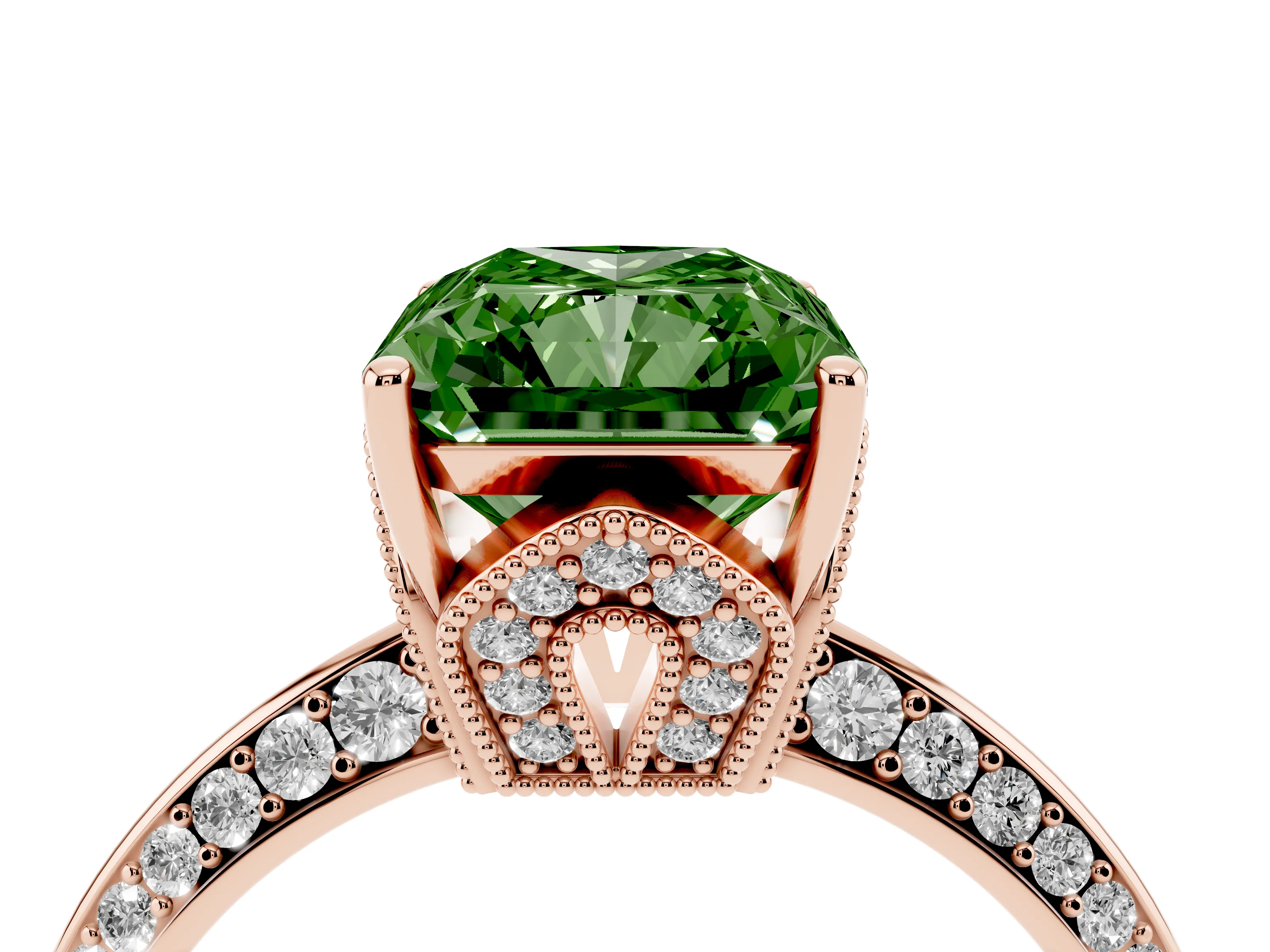 Fancy Green Radiant Cut Diamond Solitaire Engagement Ring Set in Rose gold with Pavé Split Shank and Prong Setting