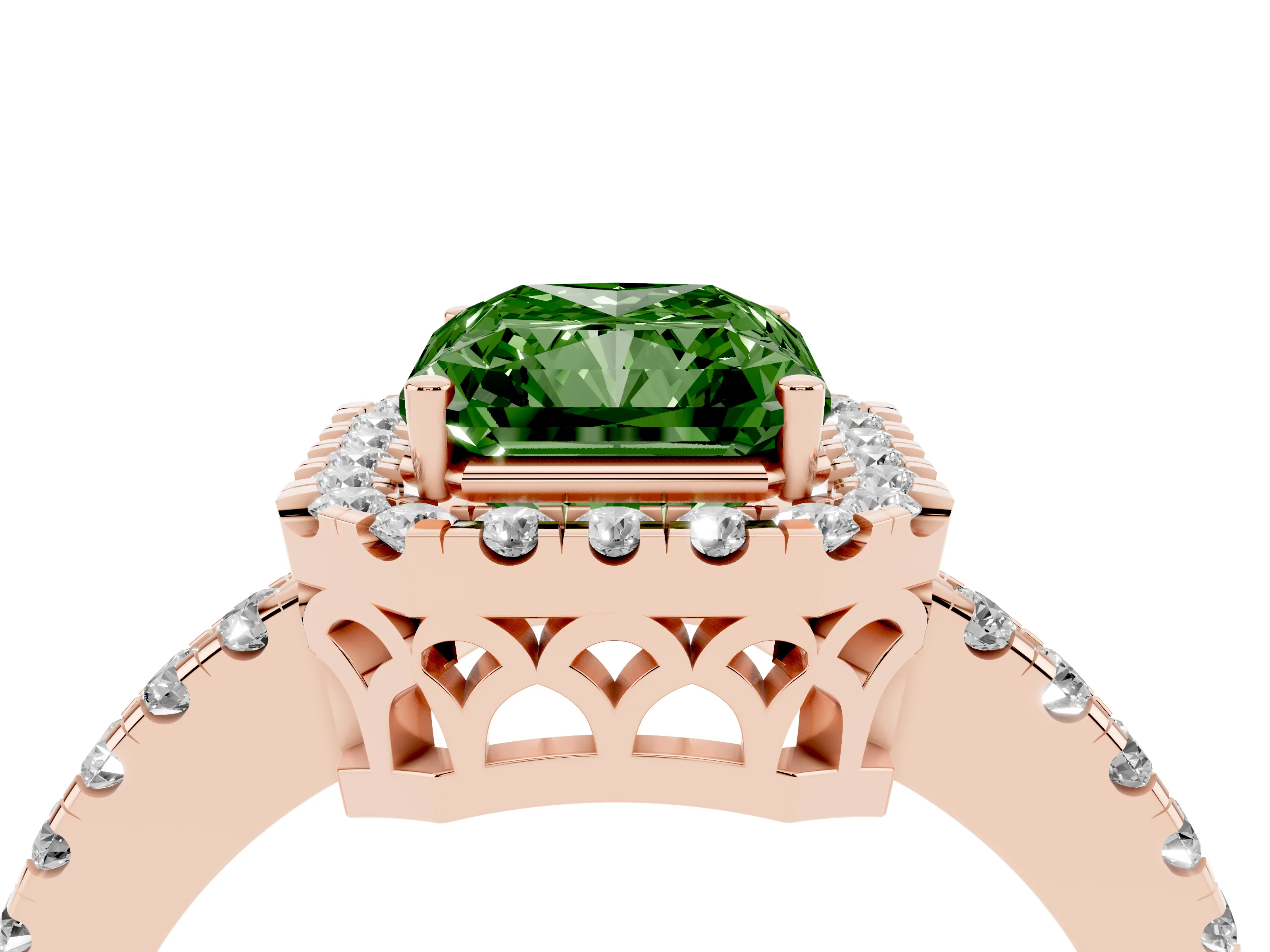 Fancy Green Radiant Cut Diamond Pavé Band Halo Engagement Ring Set in Rose gold with Prong Setting
