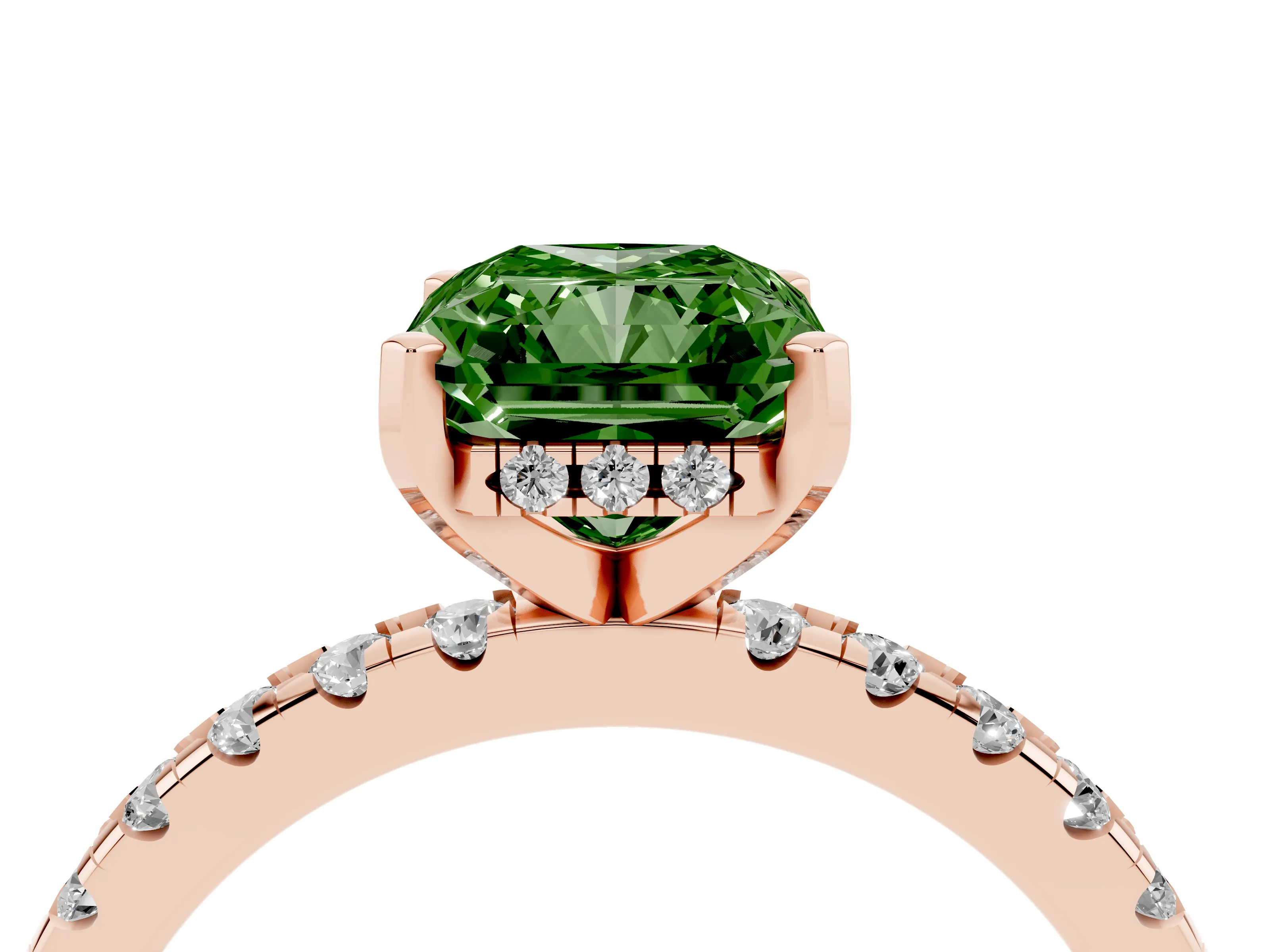 Fancy Green Radiant Cut Diamond Pavé Solitaire Ring Set in Rose gold with Round Band Accents and Prong Setting
