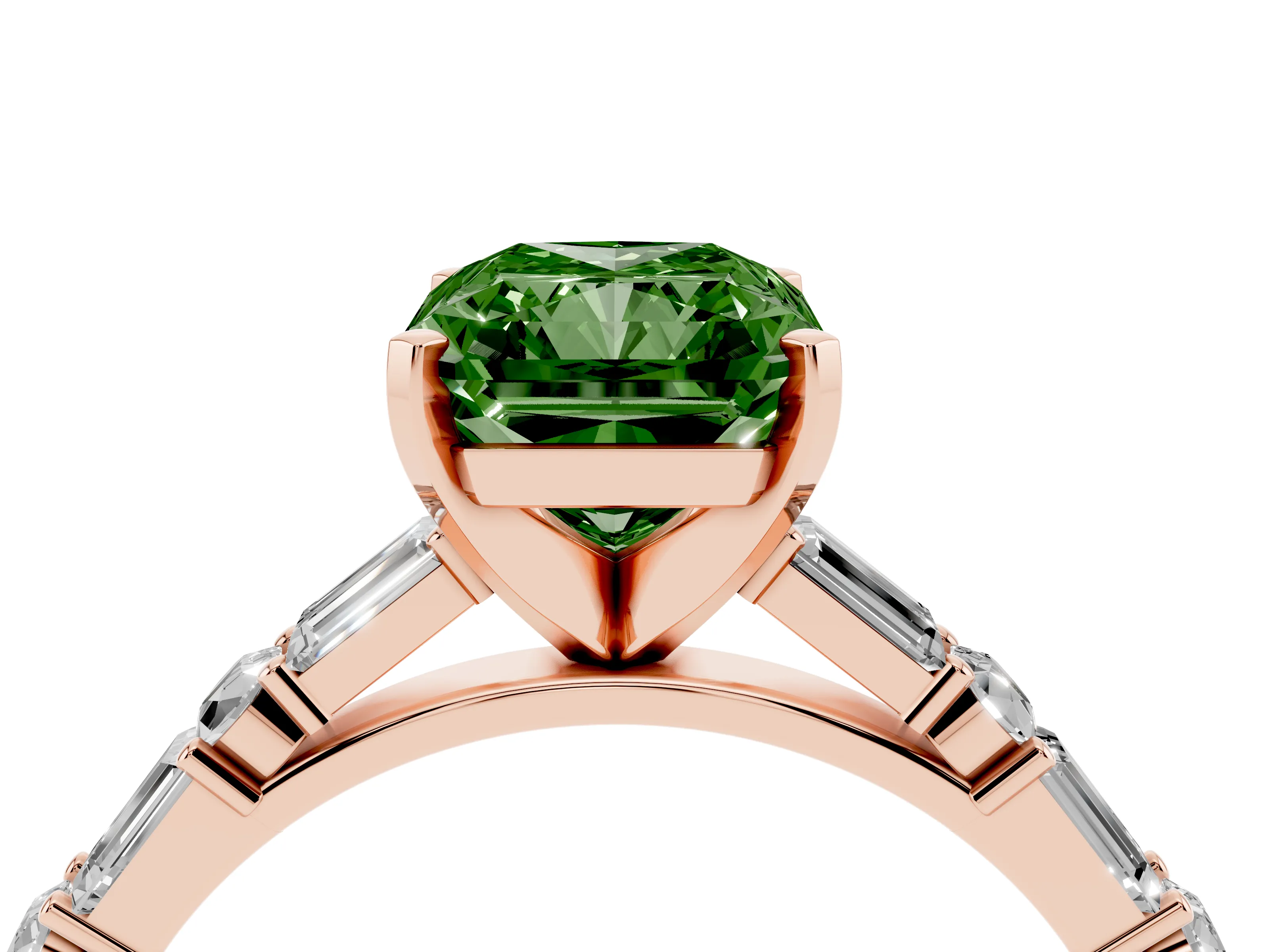 Fancy Green Radiant Cut Diamond Solitaire Set in Rose gold with Side Baguettes and Channel Set Band