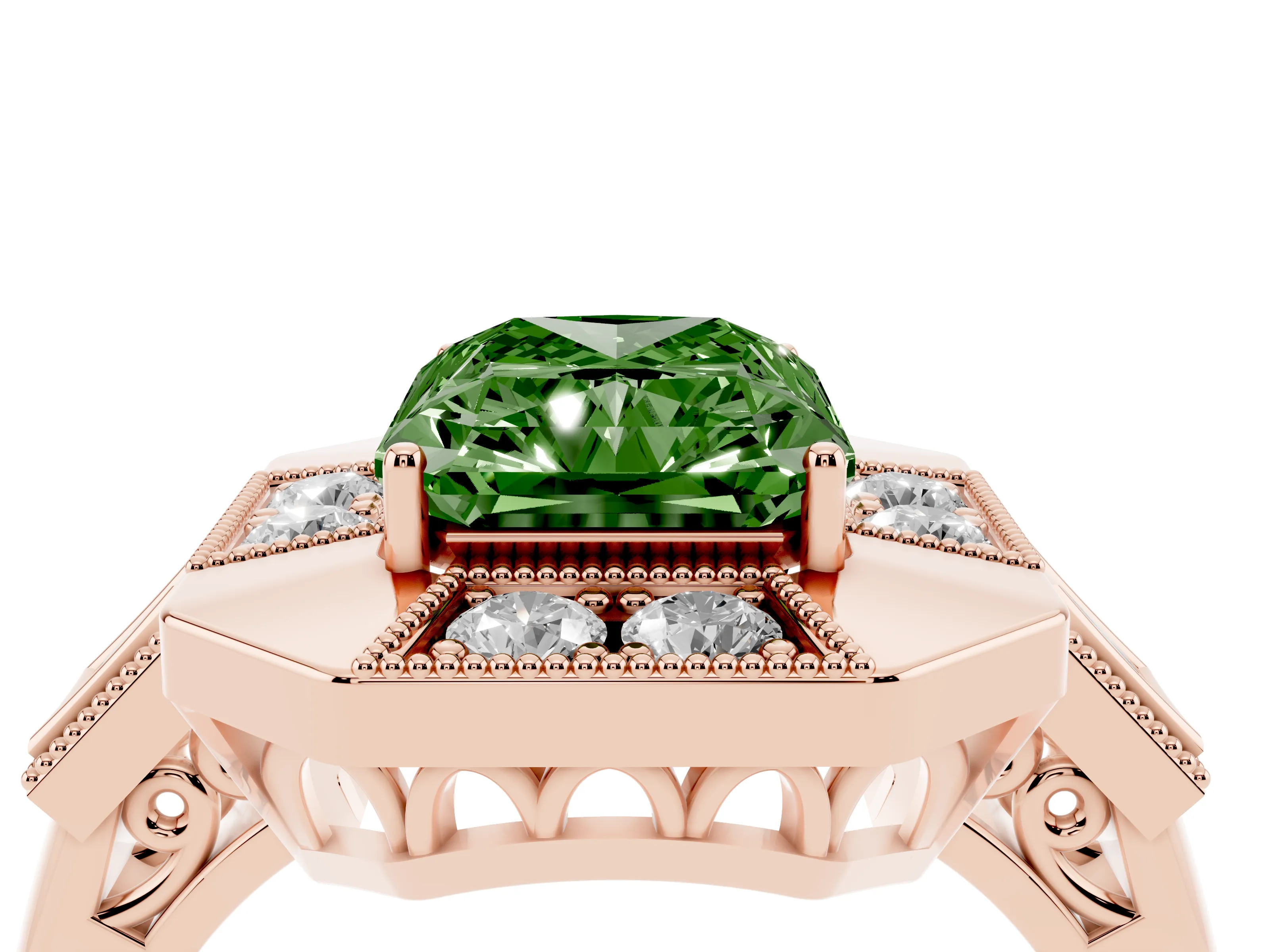 Fancy Green Radiant Cut Diamond Milgrain Halo Ring Set in Rose gold with Split Shank