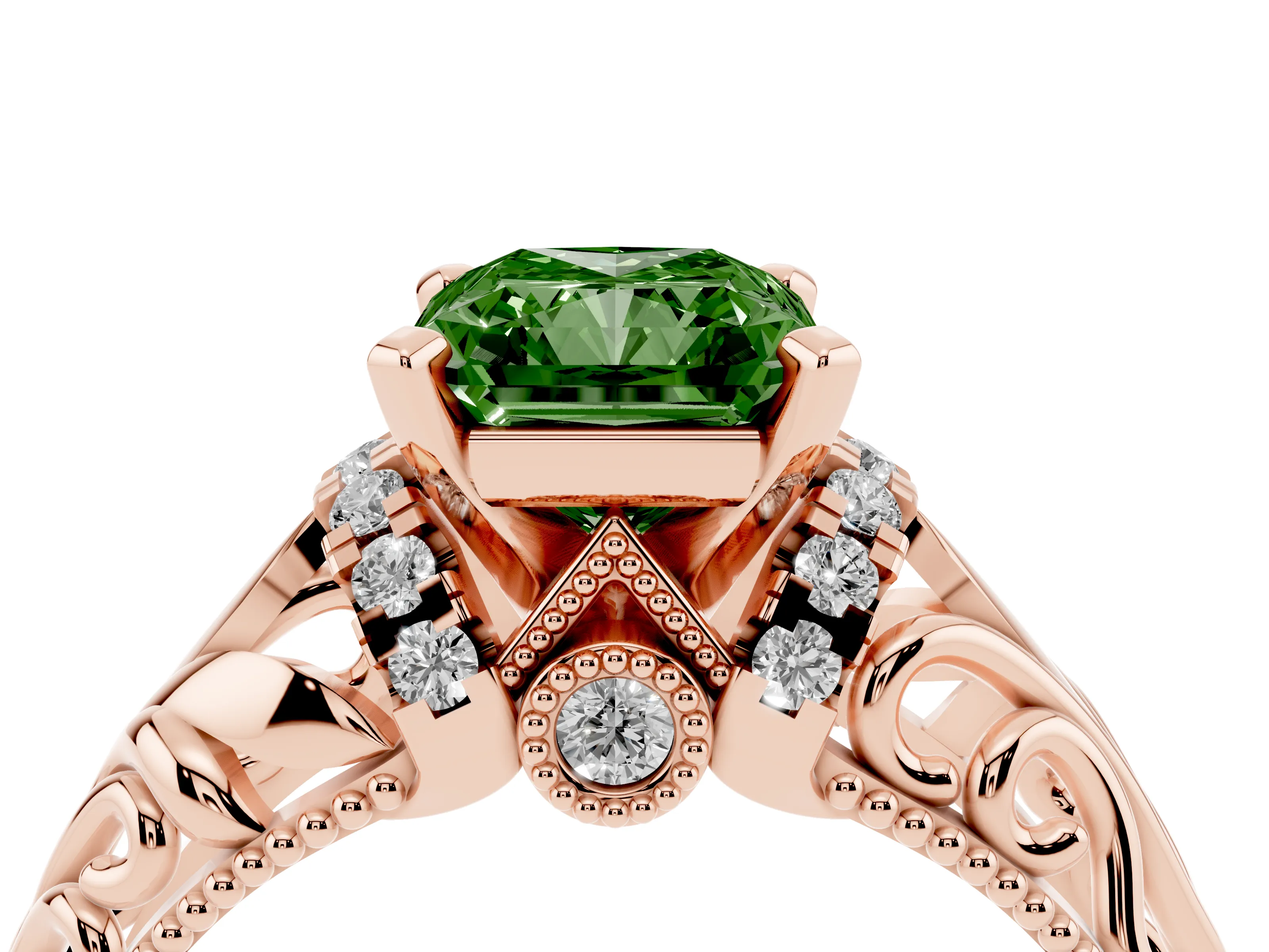 Fancy Green Radiant Cut Diamond Filigree Halo Engagement Ring Set in Rose gold with Prong Setting