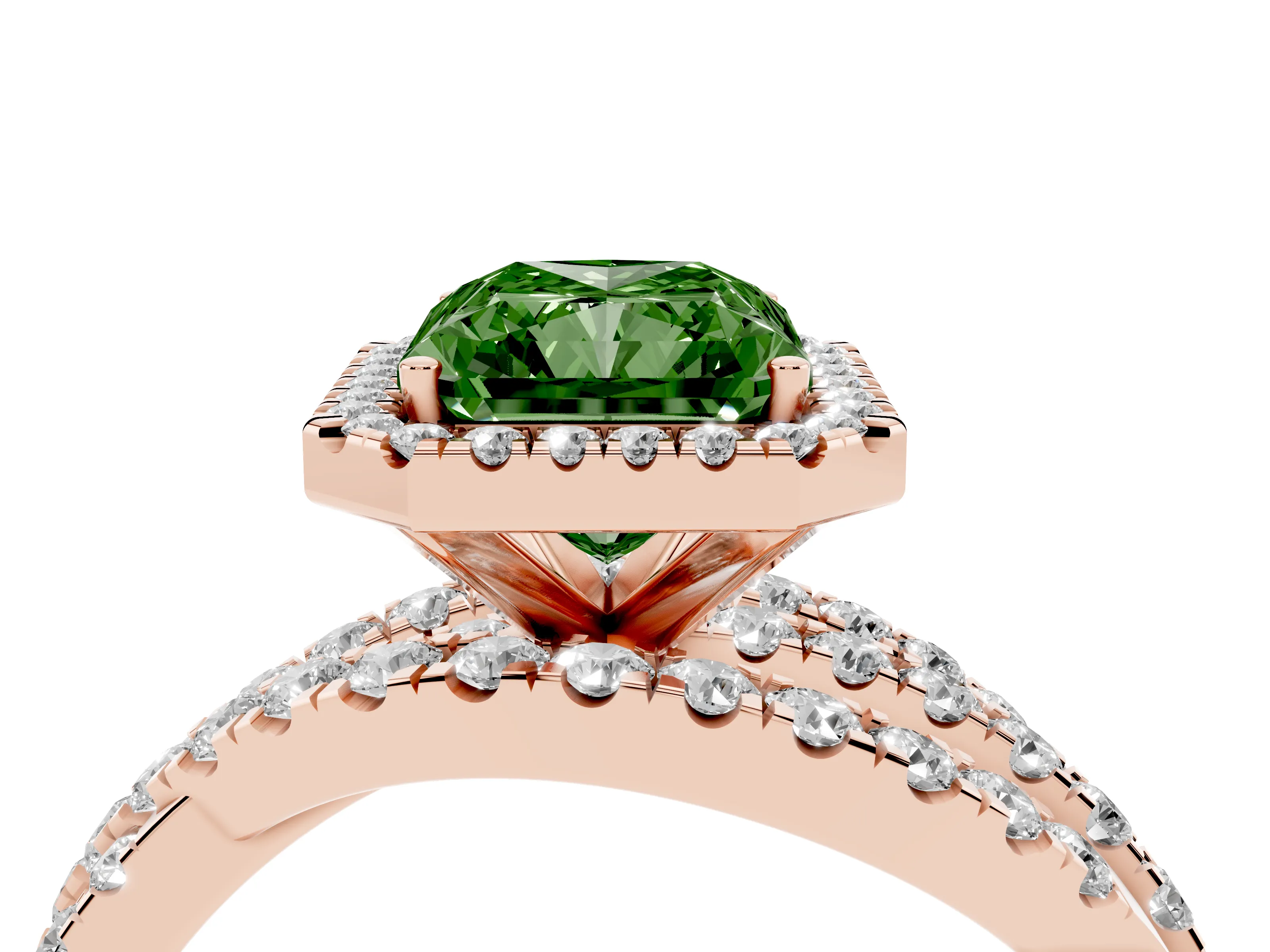 Fancy Green Radiant Cut Diamond Halo Ring Set in Rose gold with Round Crossover Split Shank and Prong Setting