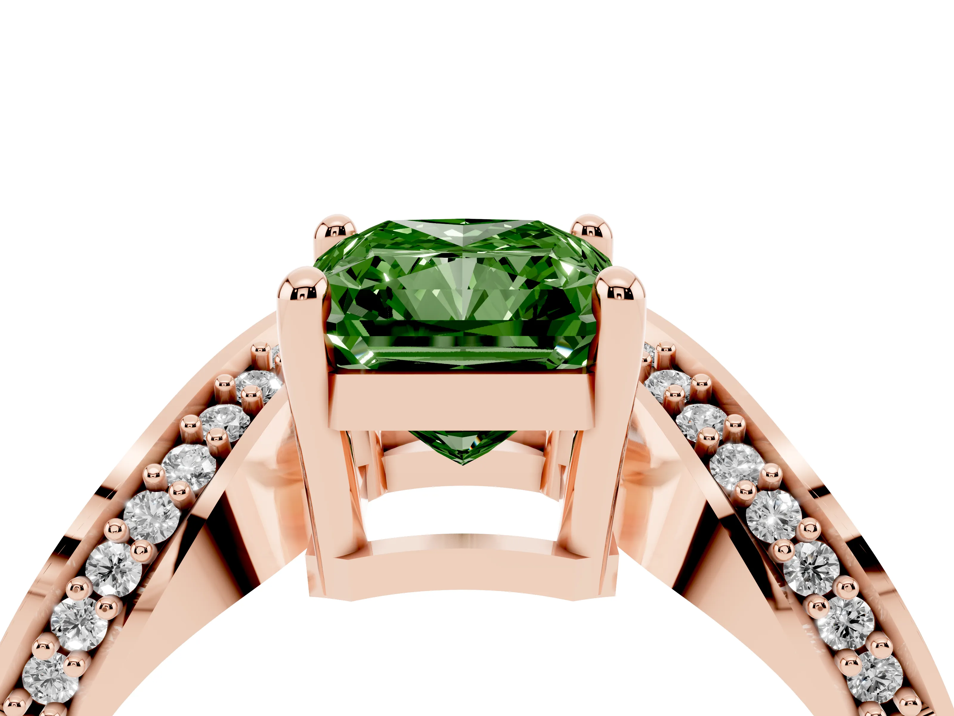 Fancy Green Radiant Cut Diamond Solitaire Engagement Ring Set in Rose gold with Pavé Shoulders