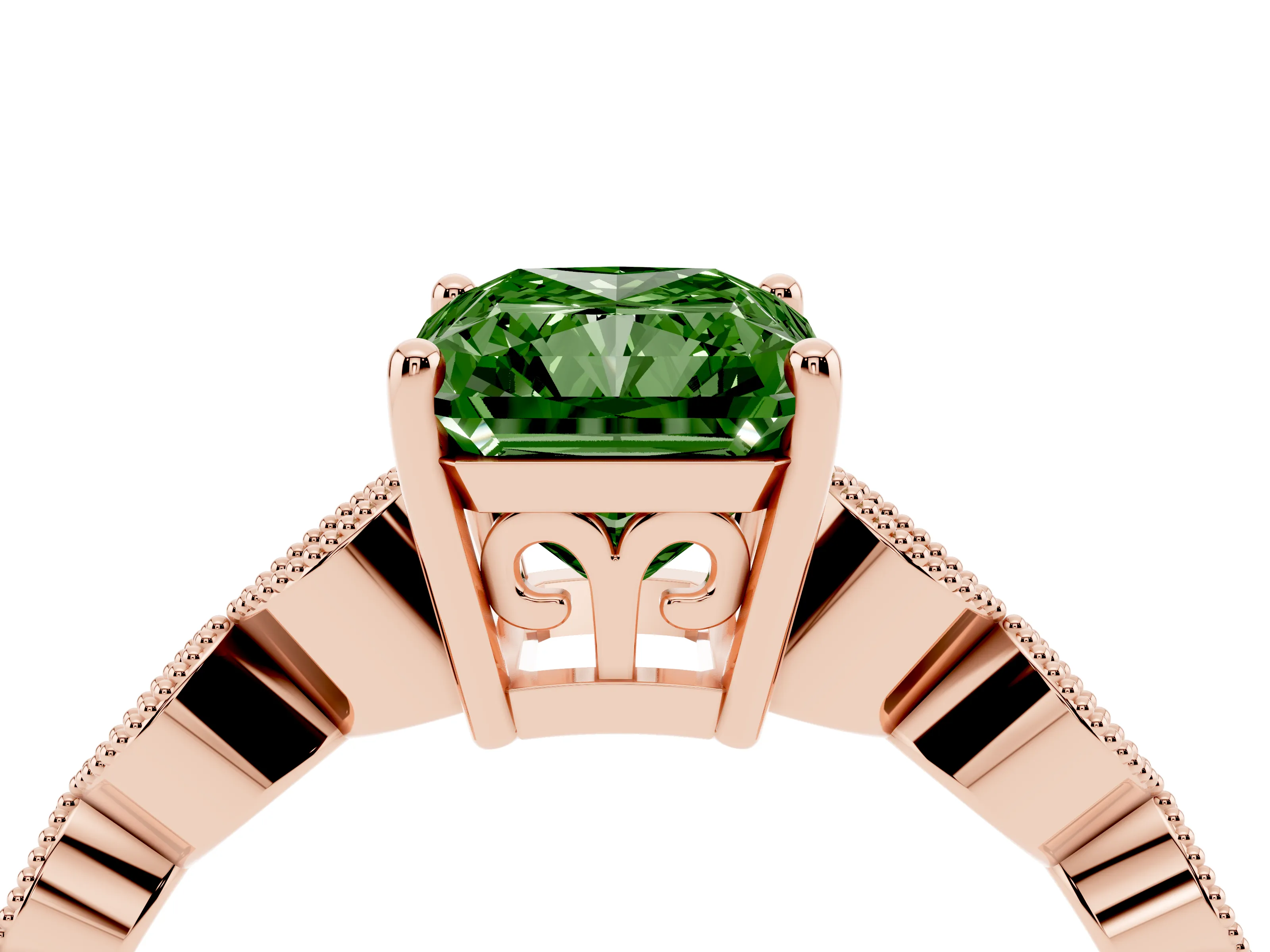 Fancy Green Radiant Cut Diamond Solitaire Ring Set in Rose gold with Infinity Twist Pavé Band