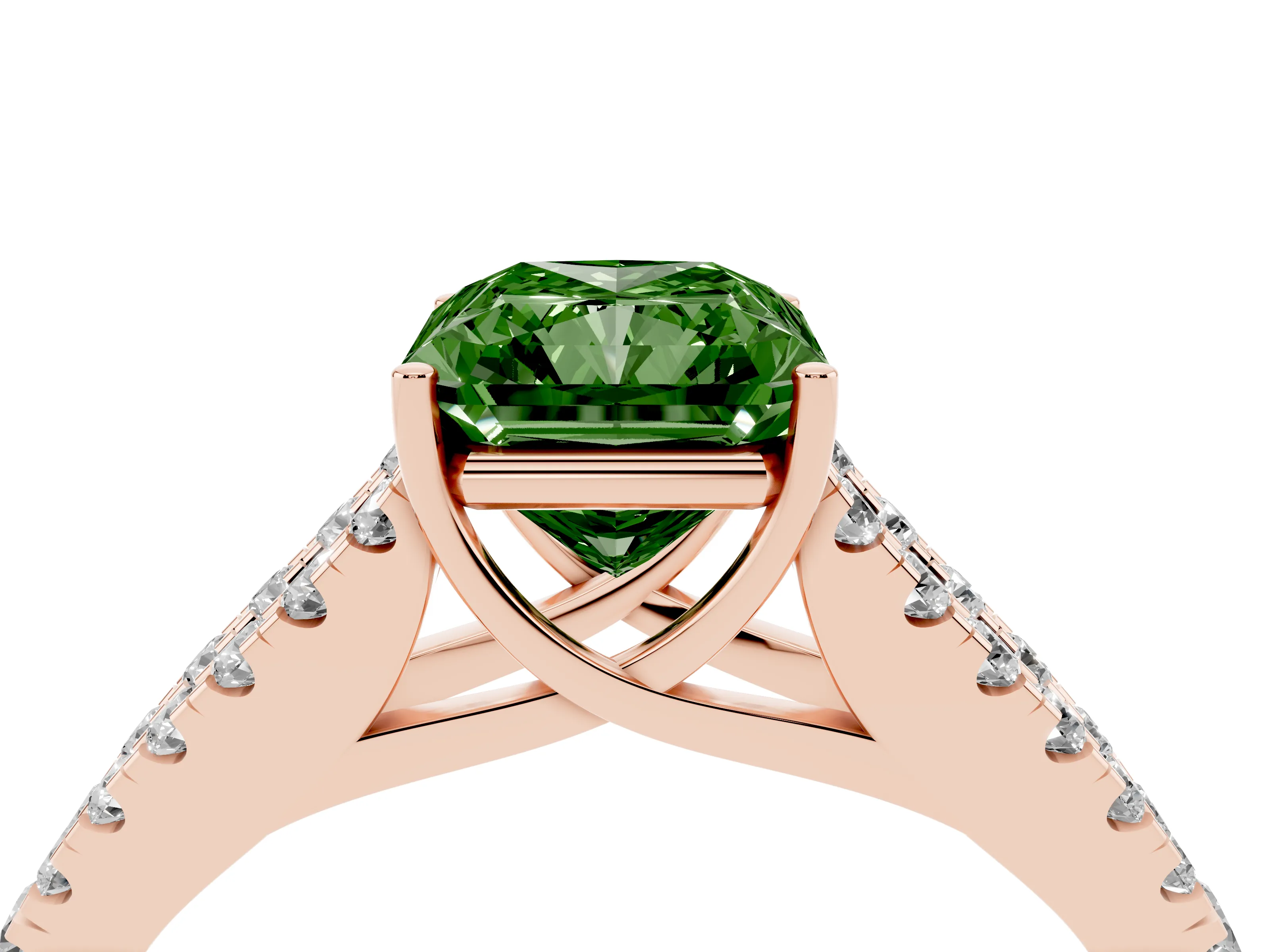 Fancy Green Radiant Cut Diamond Split Shank Pavé Engagement Ring Set in Rose gold with Prong-Held Center Stone