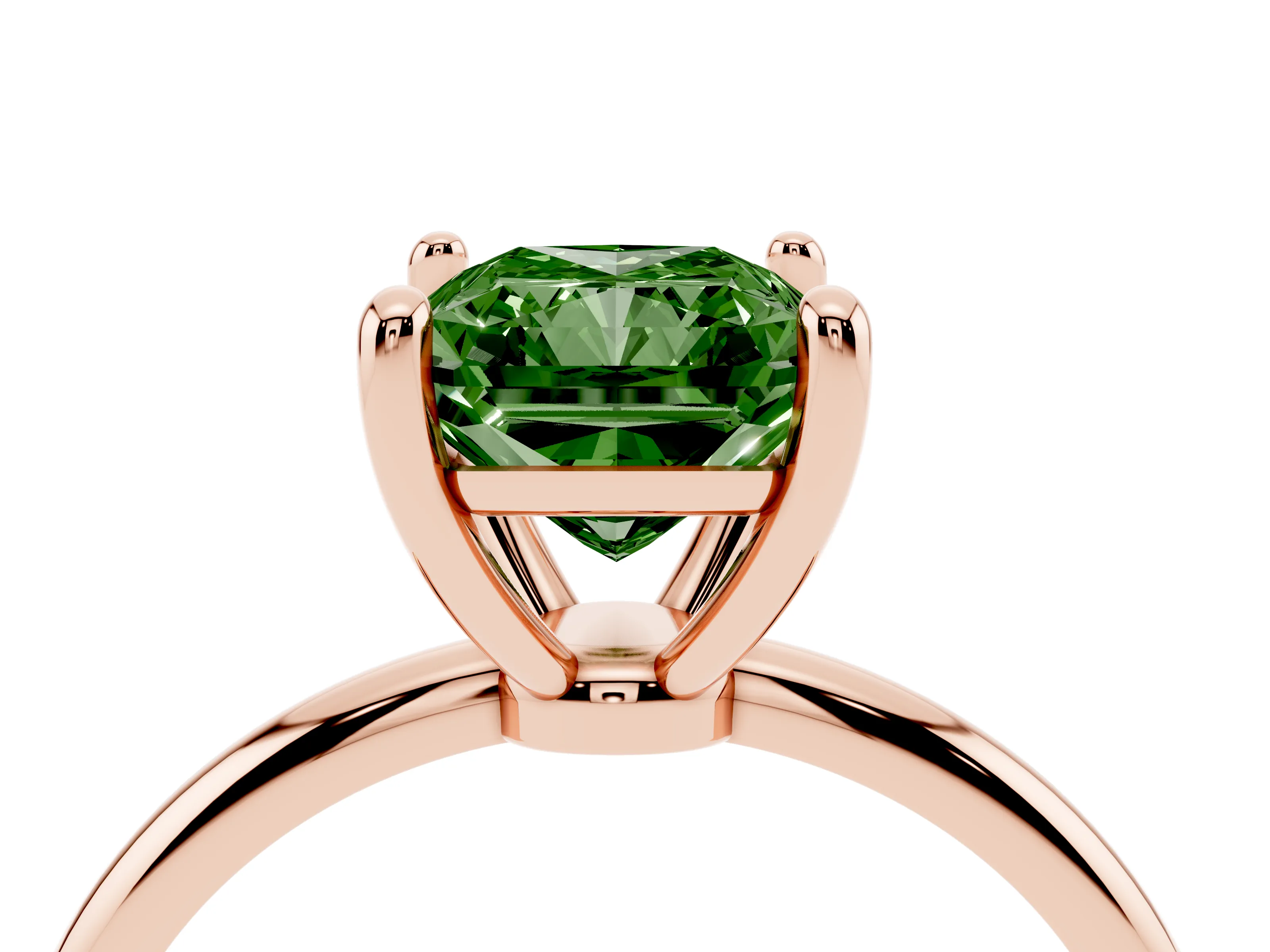 Fancy Green Radiant Cut Diamond Solitaire Ring Set in Rose gold with Secure Prong Setting on a Classic Band
