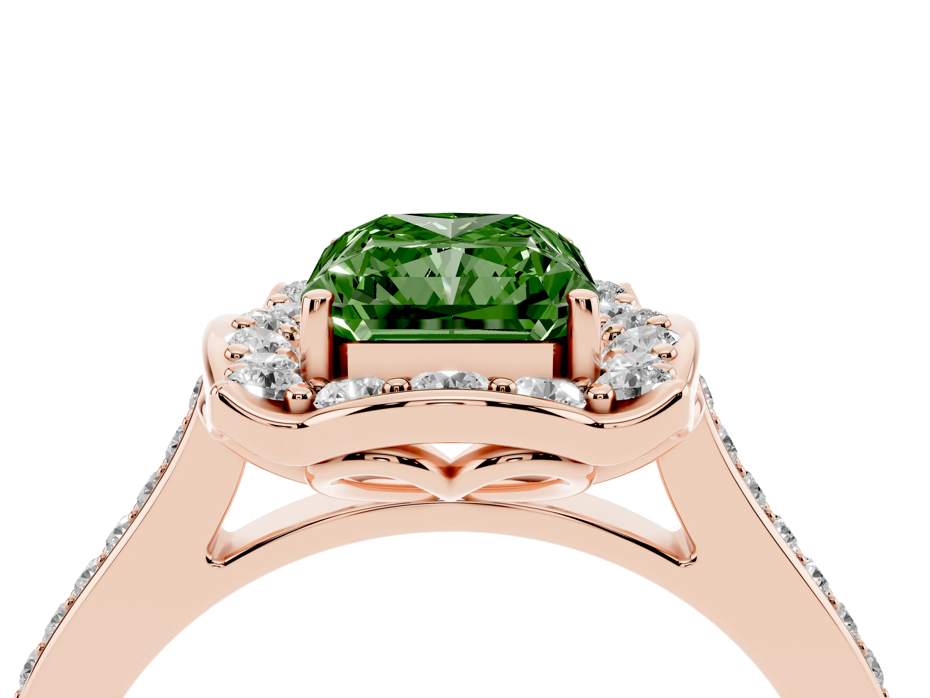 Fancy Green Radiant Cut Diamond Halo Ring Set in Rose gold with Pavé-Lined Shoulders and Prong Setting