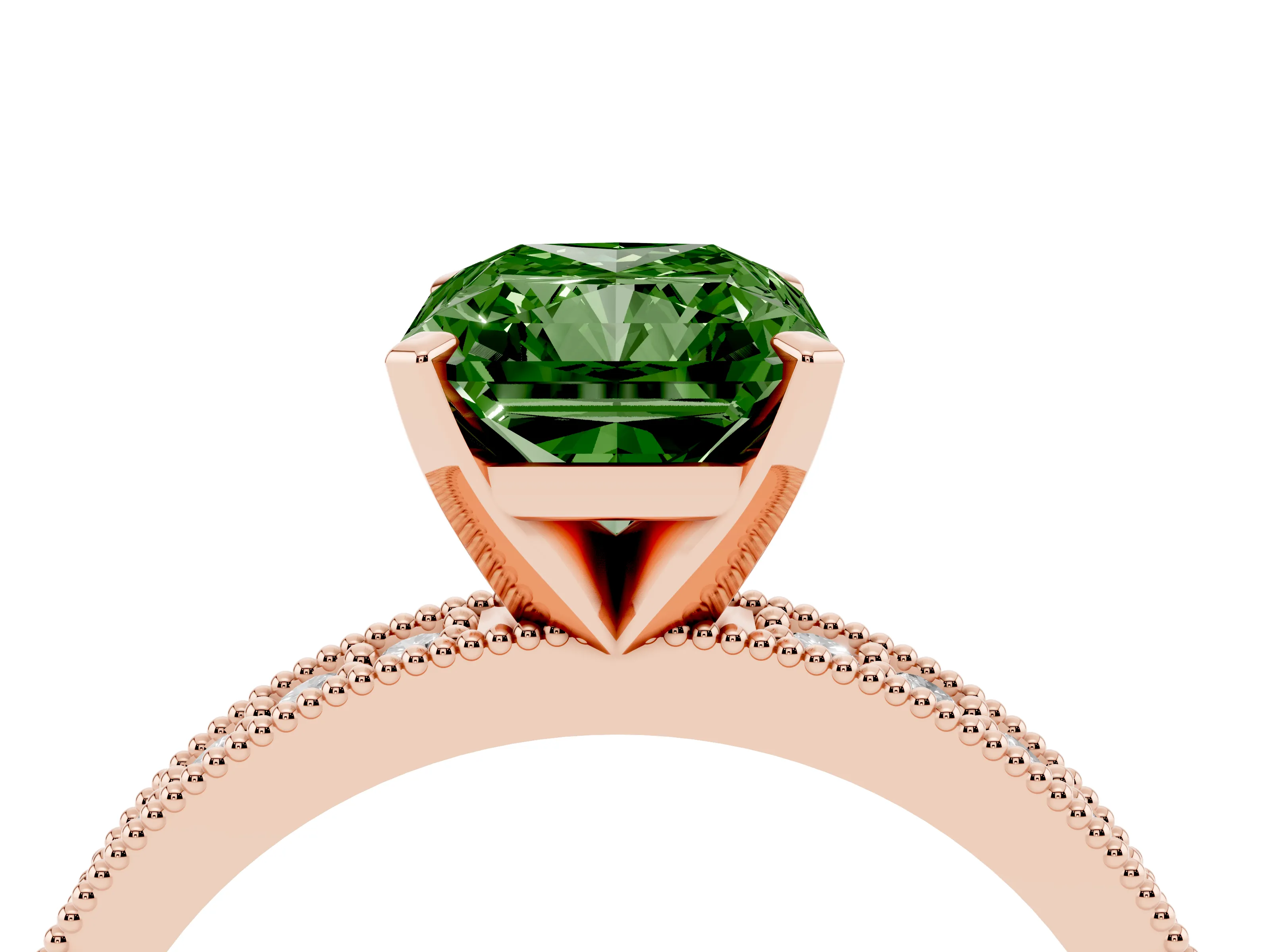 Fancy Green Radiant Cut Diamond Milgrain Pavé Engagement Ring Set in Rose gold with Prong Setting