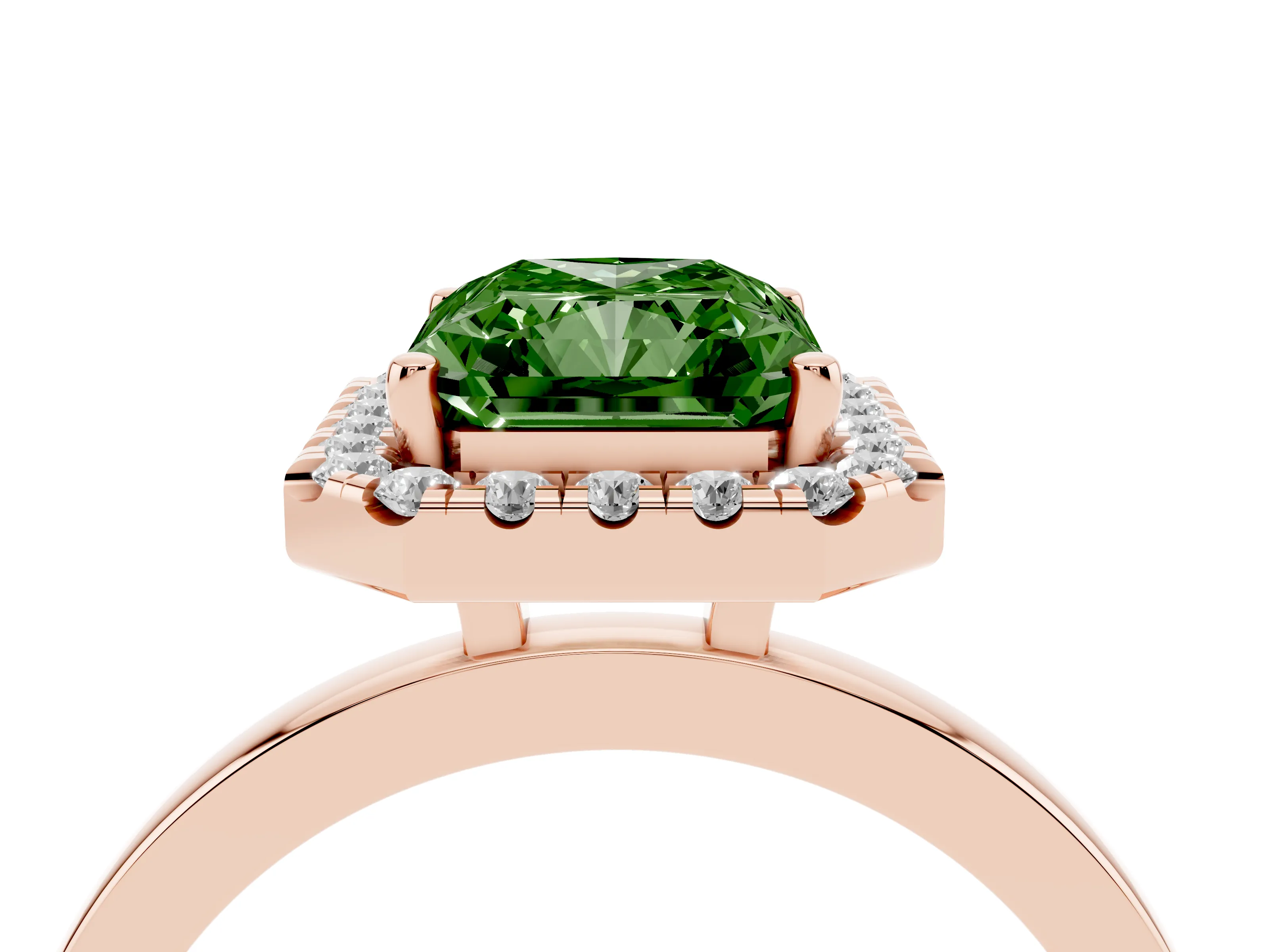 Fancy Green Radiant Cut Diamond Halo Solitaire Ring Set in Rose gold with Pavé Band and Prong Setting
