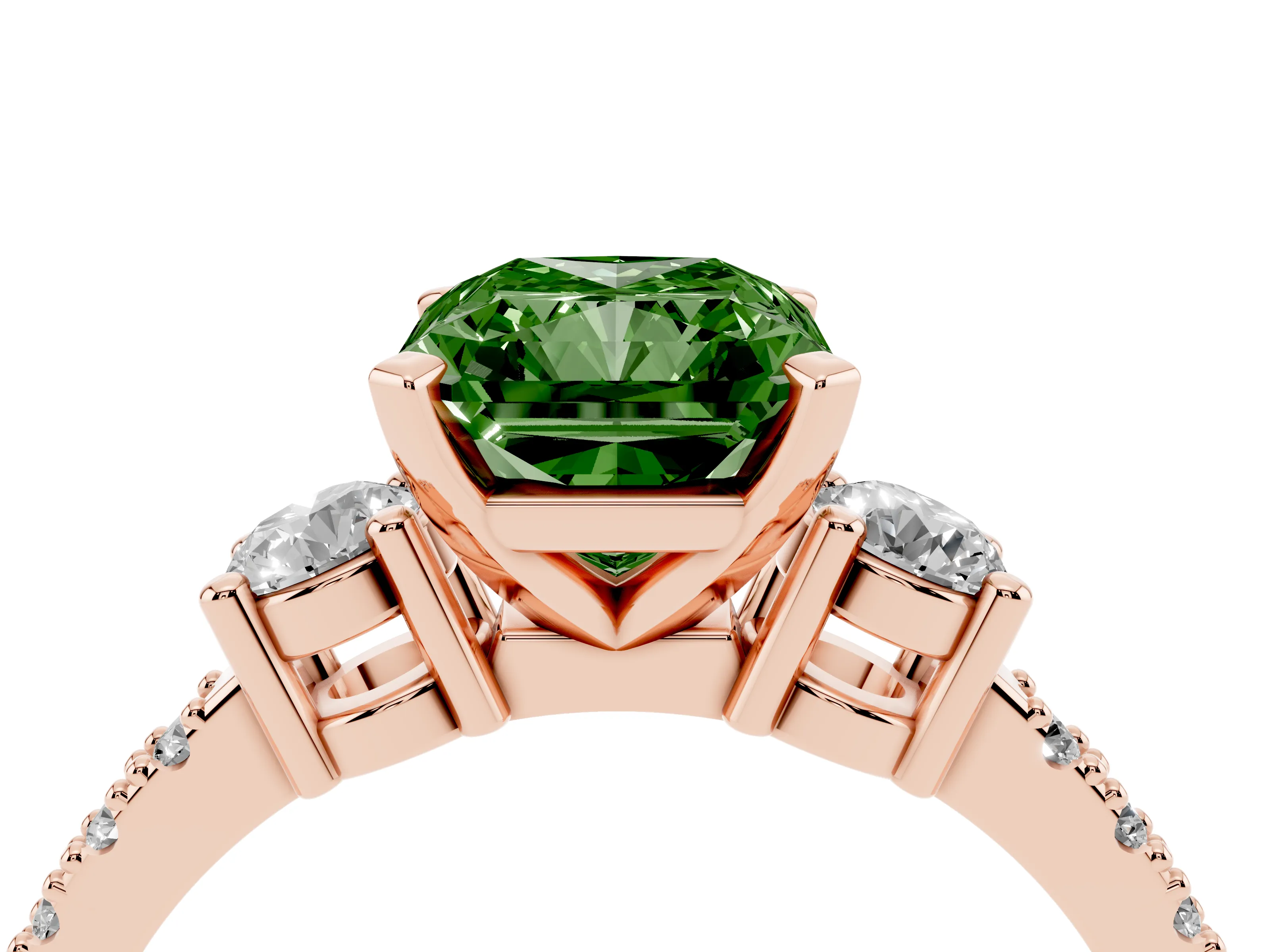 Fancy Green Three-Stone Radiant Cut Diamond Pavé Band Ring Set in Rose gold with Prong Setting