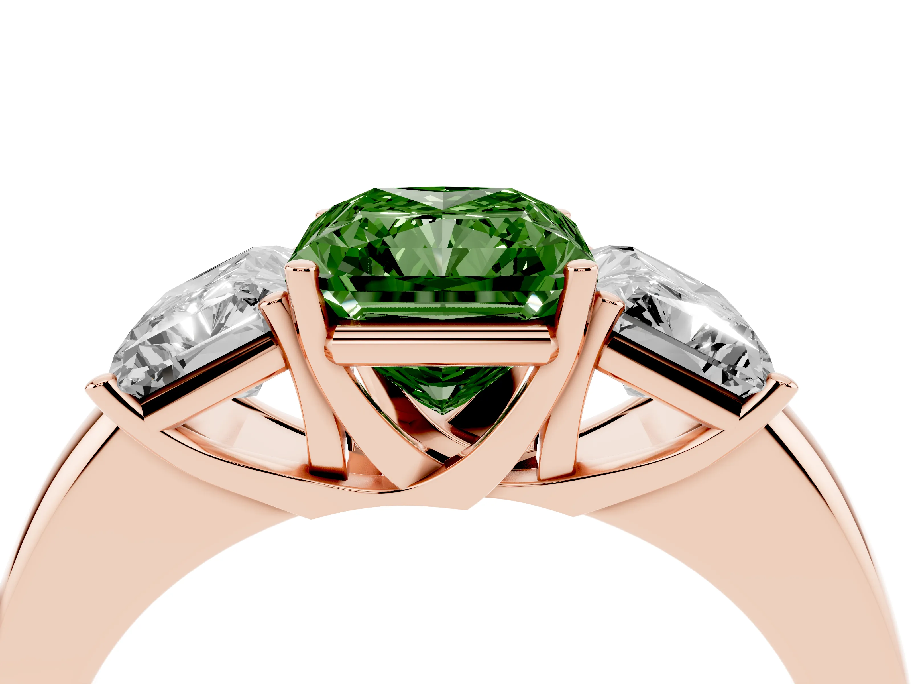 Fancy Green Radiant Cut Diamond Three-Stone Ring Set in Rose gold with Bold Center and Classic Band