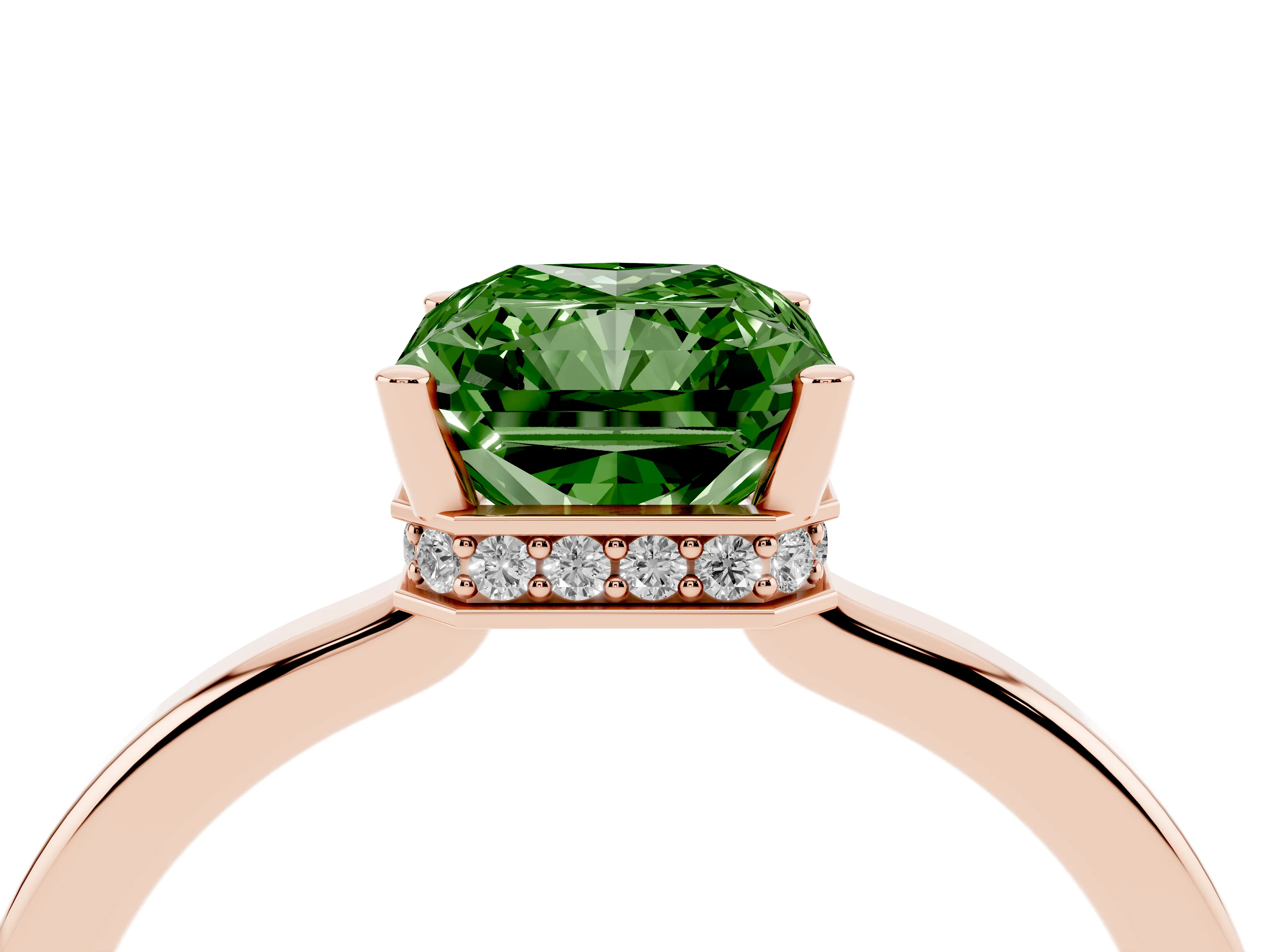 Fancy Green Radiant Cut Diamond Solitaire Engagement Ring Set in Rose gold with Prong Setting on a Plain Band