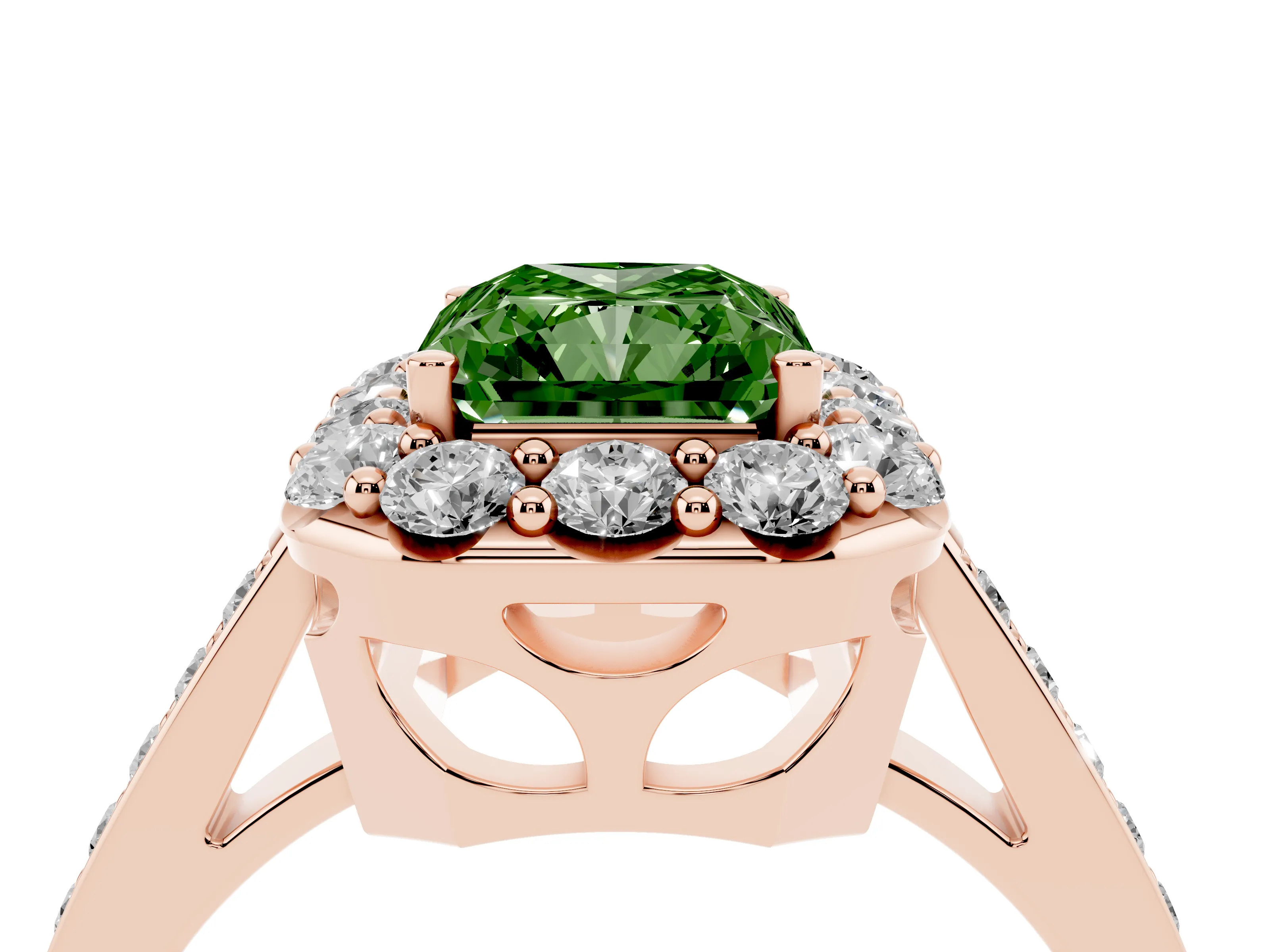 Fancy Green Radiant Cut Diamond Floral Halo Ring Set in Rose gold with Pavé Band and Prong Setting