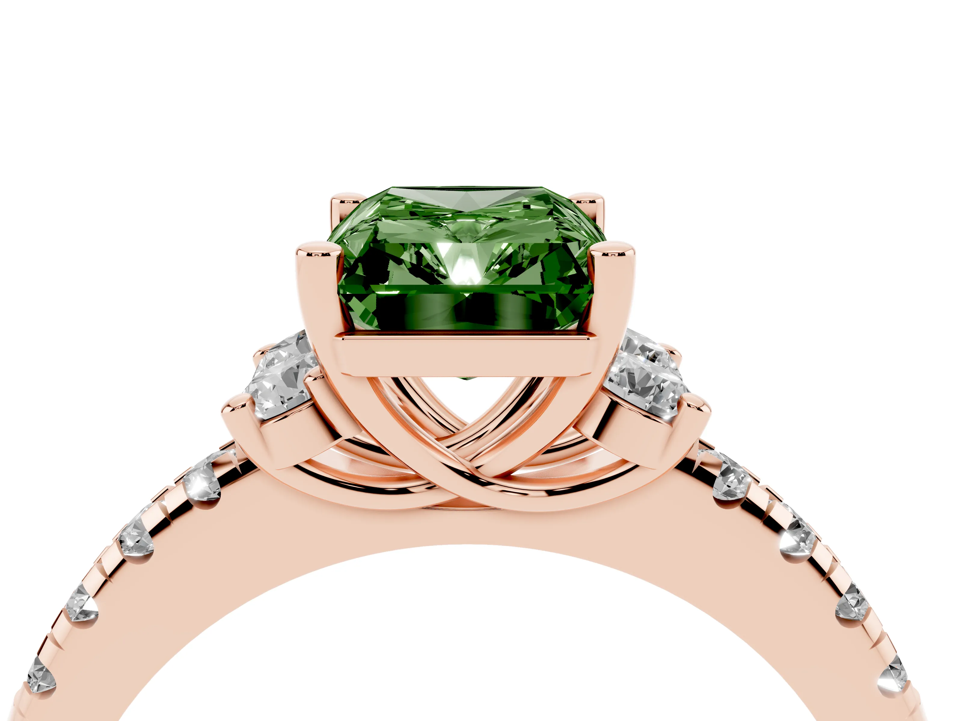 Fancy Green Radiant Cut Diamond Three-Stone Pavé Ring Set in Rose gold with Prong Setting