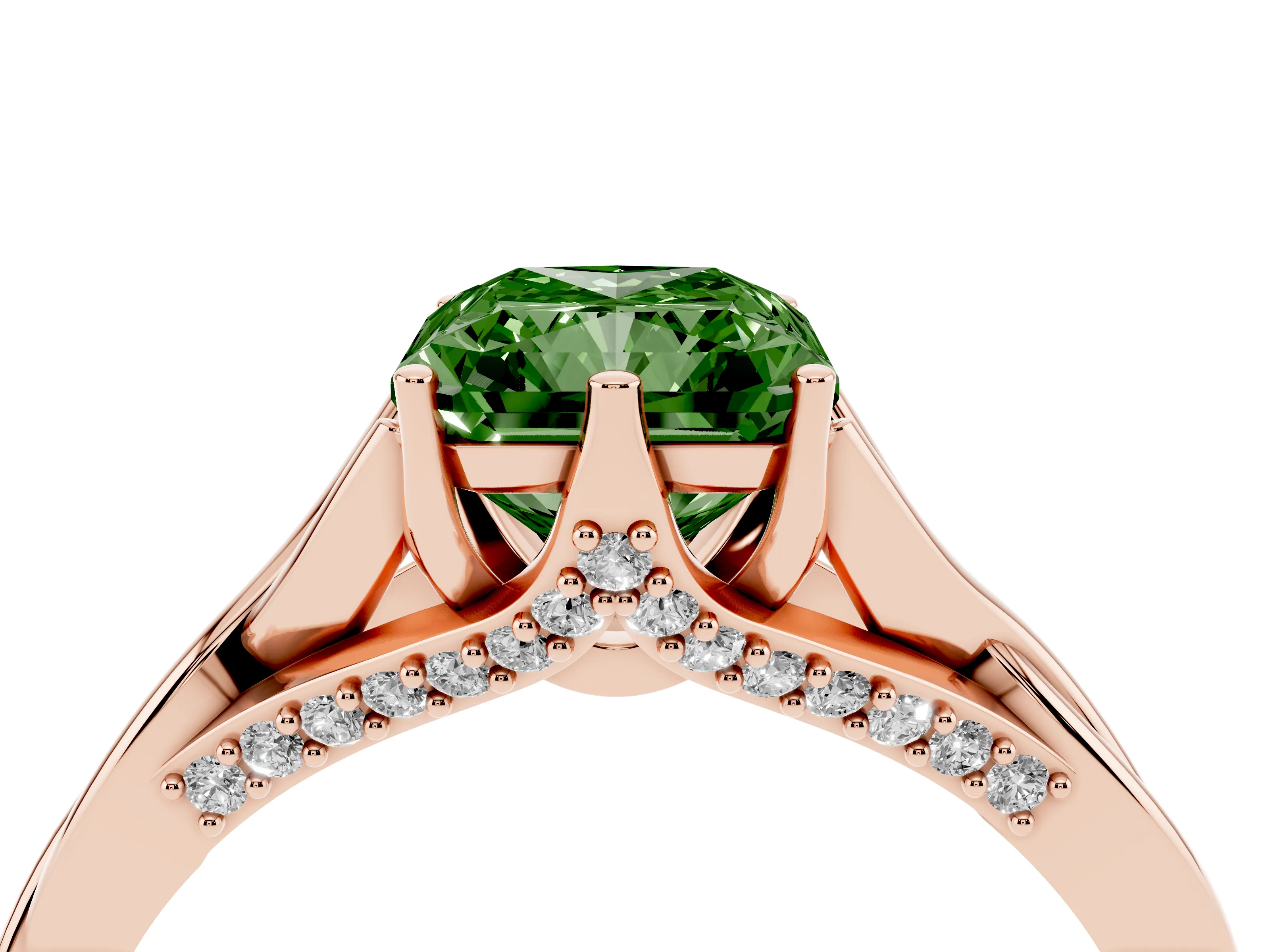 Fancy Green Radiant Cut Diamond Intertwined Twist Band Solitaire Ring Set in Rose gold with Prong Setting