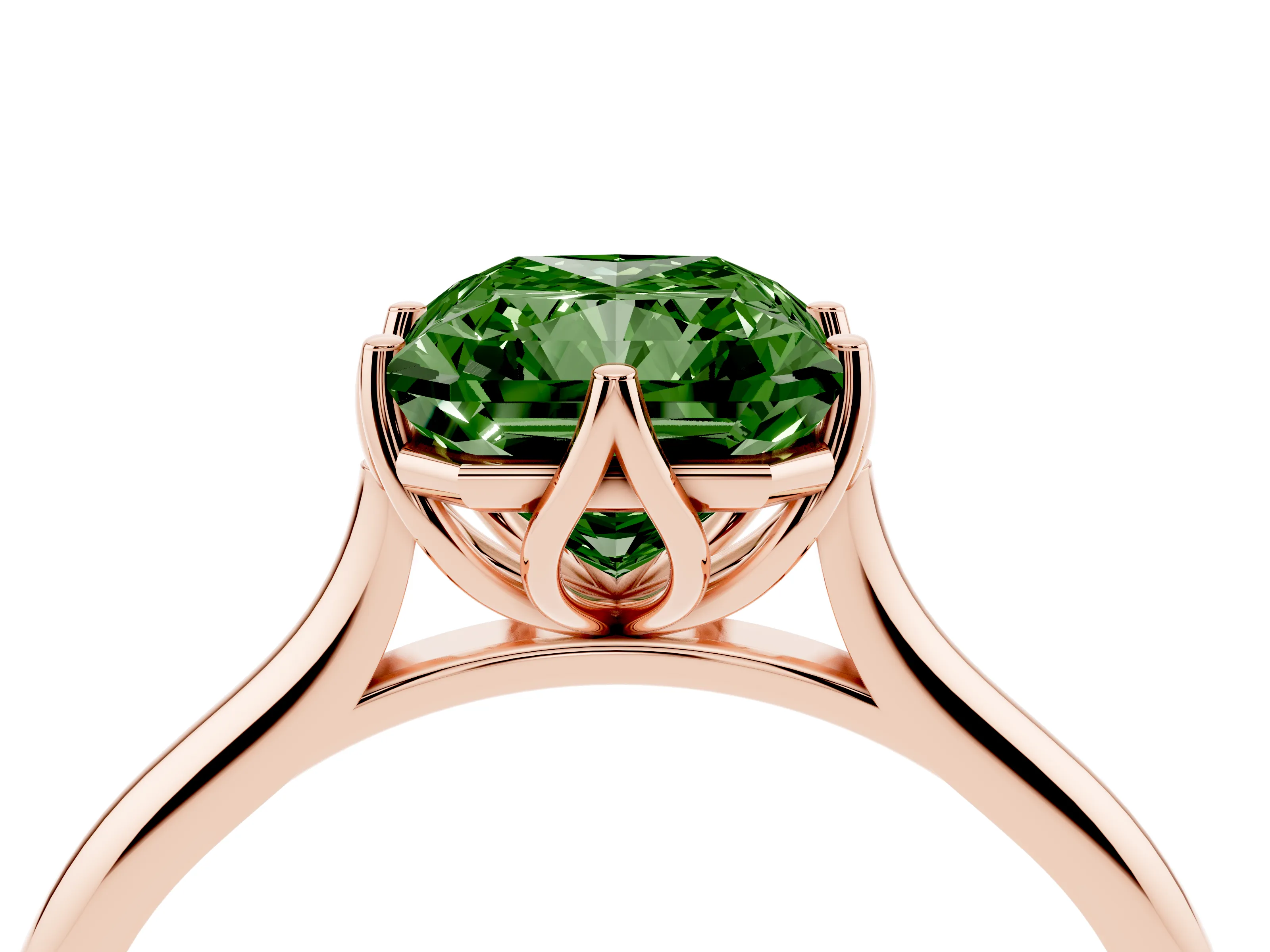 Fancy Green Radiant Cut Diamond Solitaire Cathedral Ring Set in Rose gold with Prong Setting