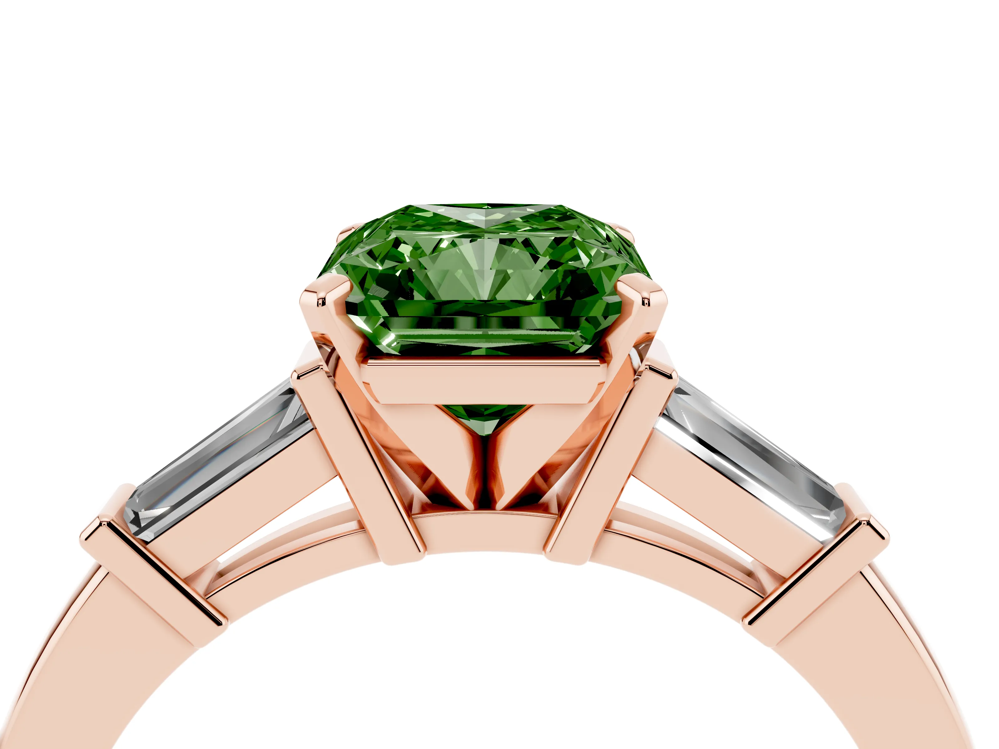 Fancy Green Radiant Cut Diamond Solitaire Ring Set in Rose gold with Tapered Baguette Accents and Prong Setting