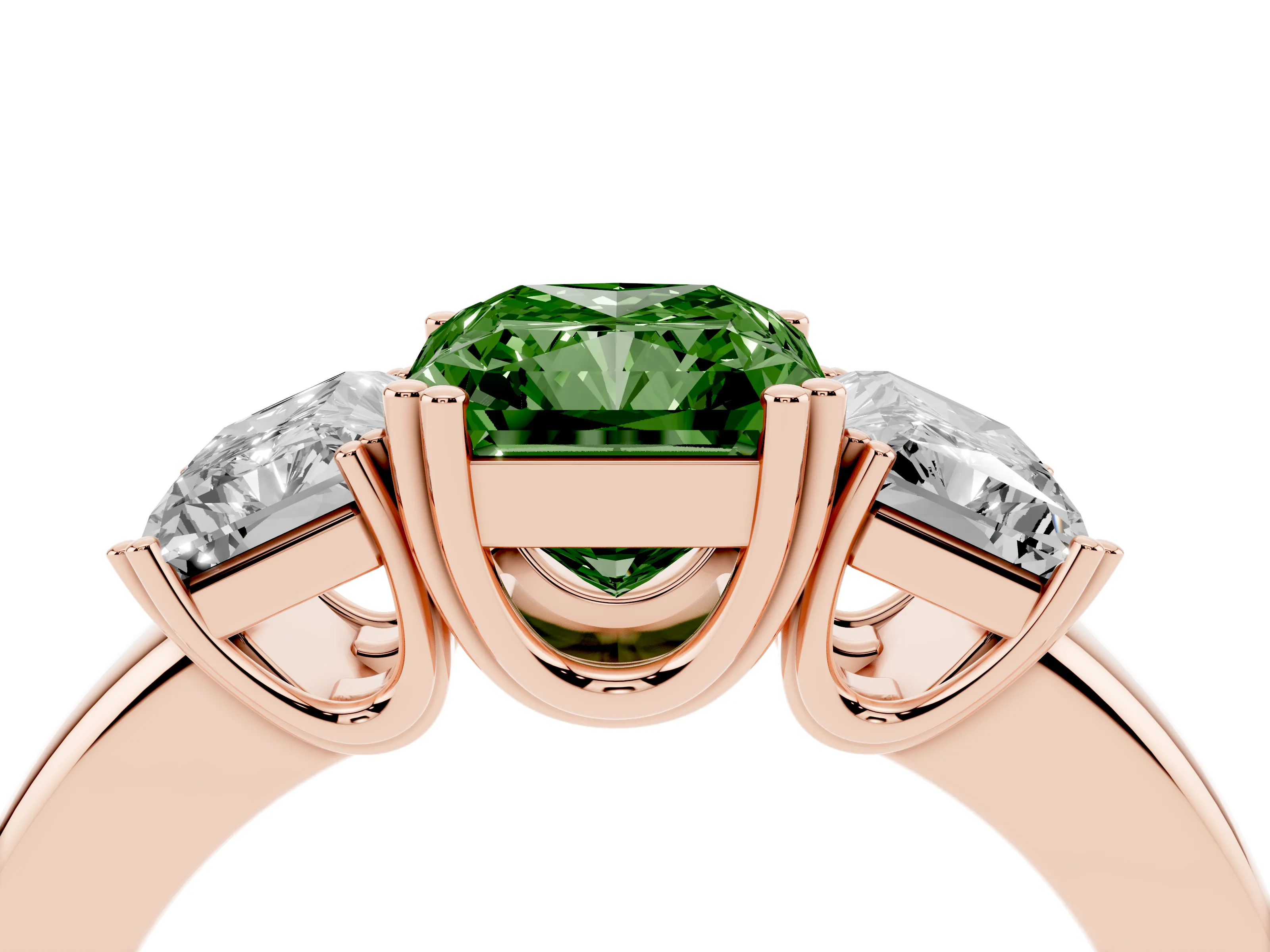 Fancy Green Radiant Cut Diamond Three-Stone Ring Set in Rose gold with Polished Channel-Set Band