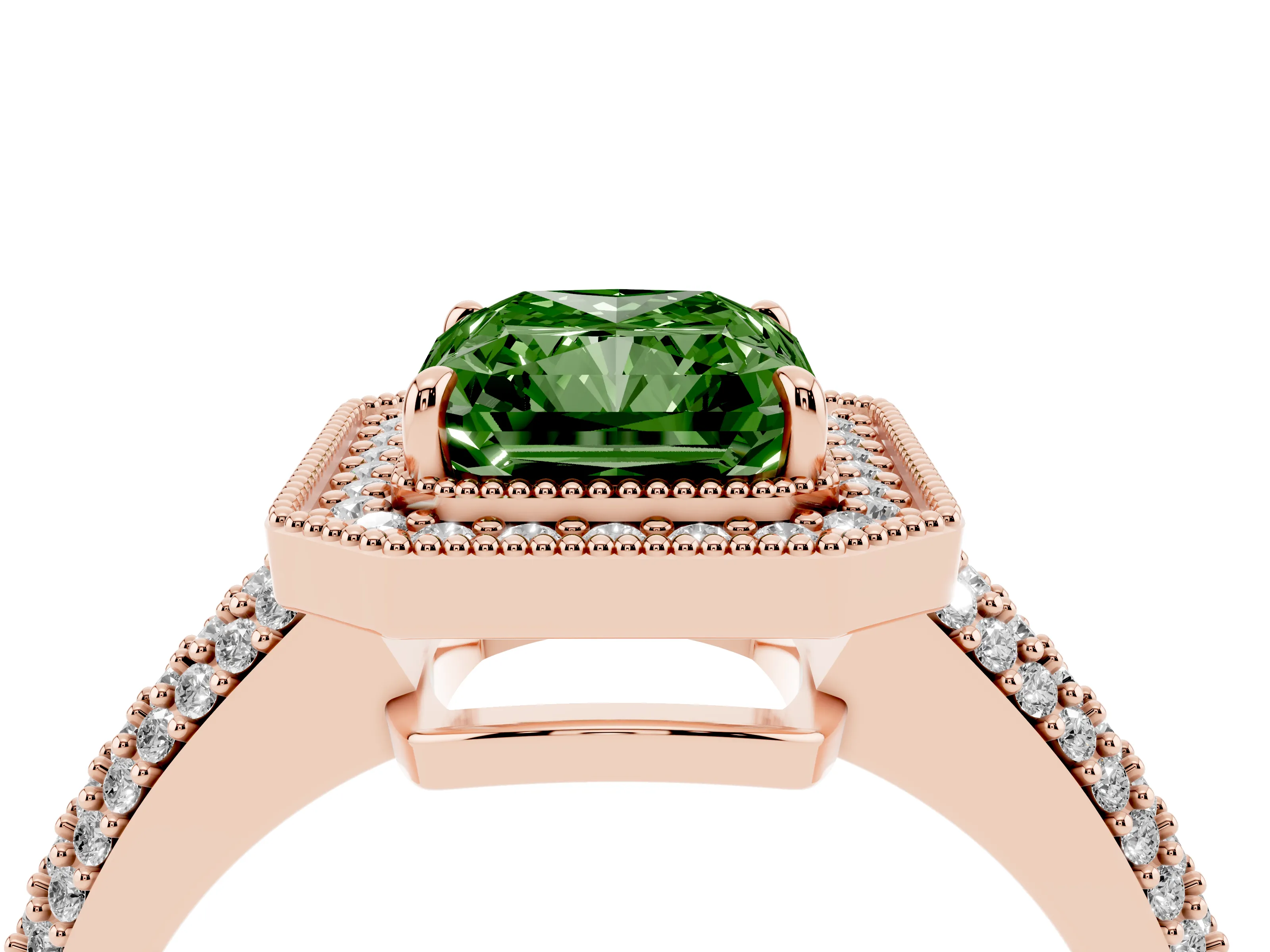 Fancy Green Radiant Cut Diamond Halo Pavé Band Set in Rose gold with Prong Setting