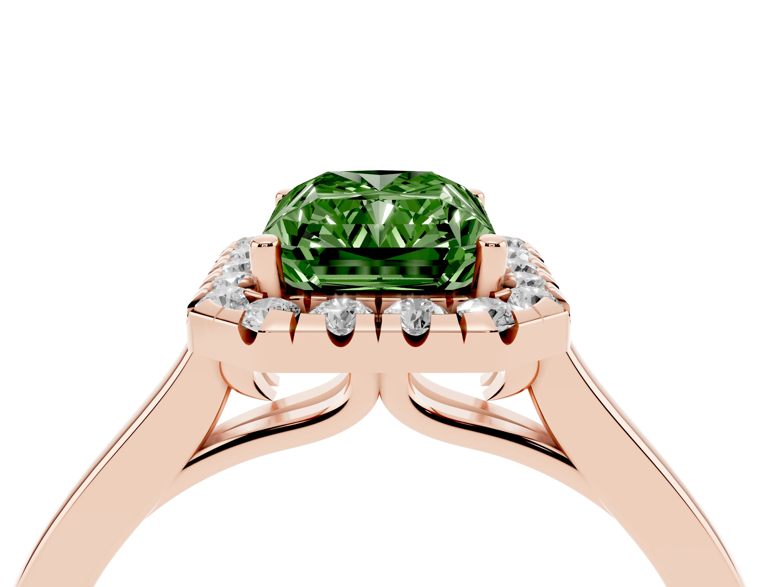 Fancy Green Radiant Cut Halo Round Diamond Solitaire Ring Set in Rose gold with Pavé Band and Prong Setting