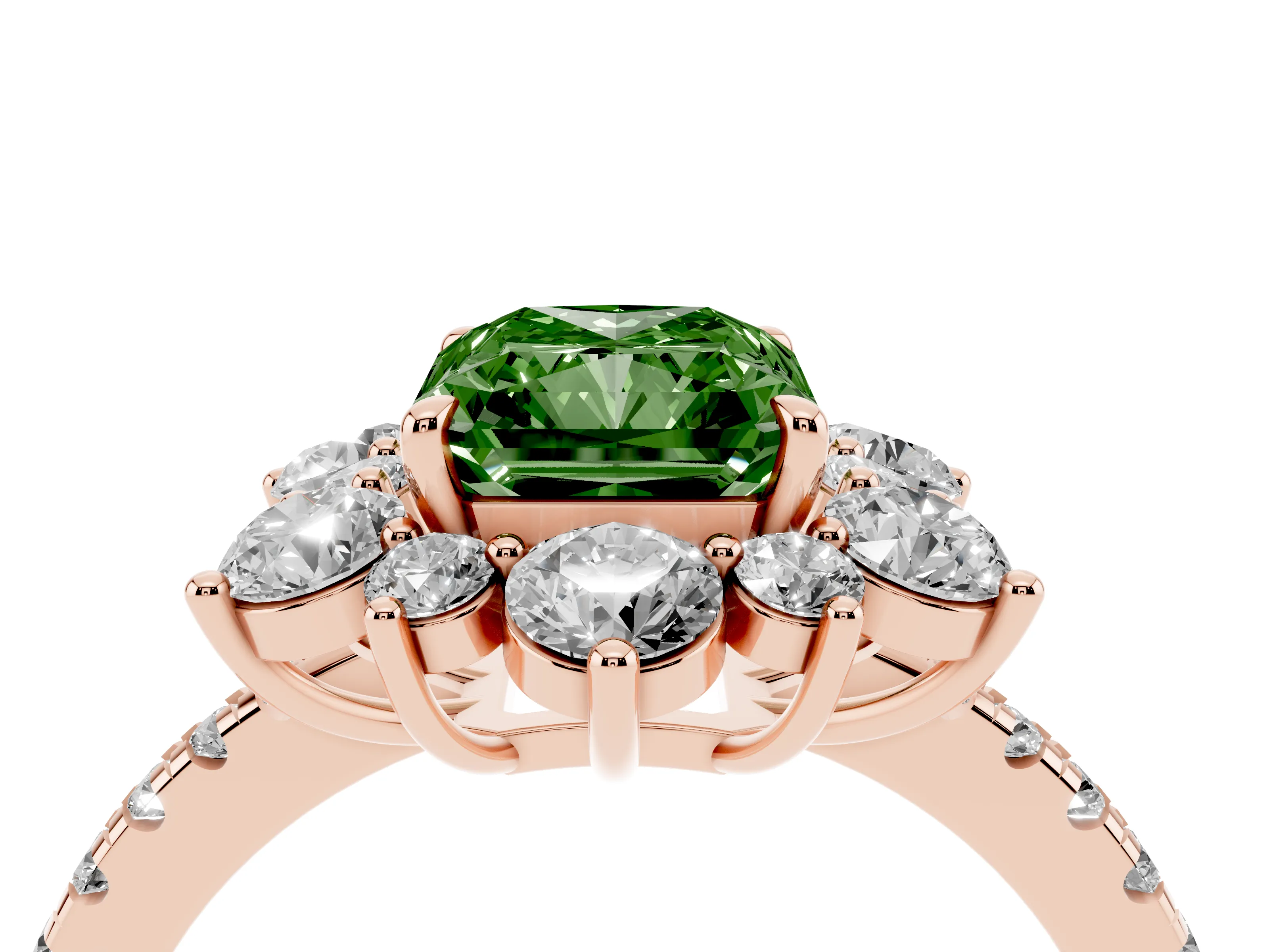 Fancy Green Radiant Cut Diamond Floral Halo Ring Set in Rose gold with Round Pavé Band and Prong Setting