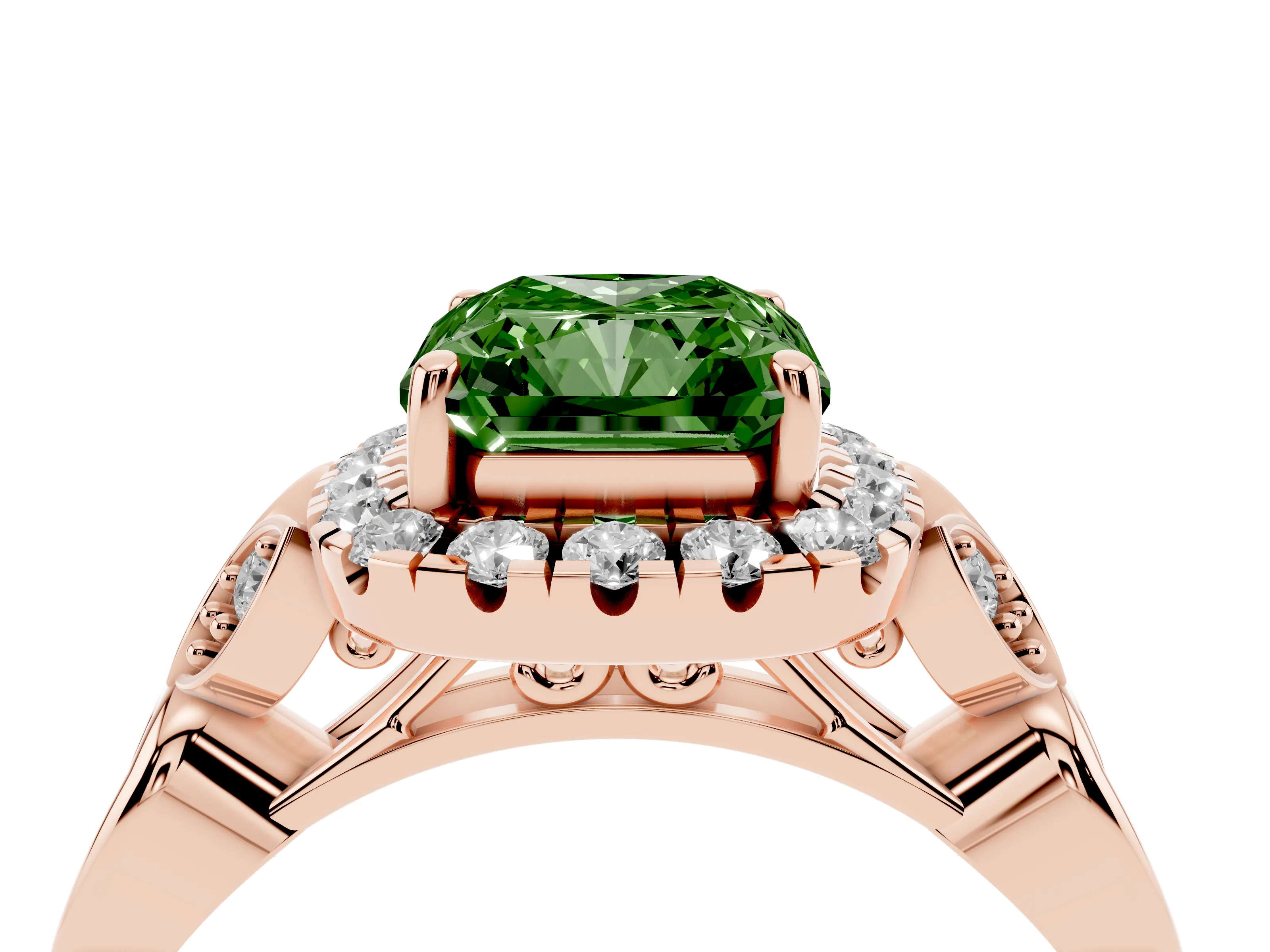 Fancy Green Radiant Cut Diamond Halo Engagement Ring Set in Rose gold with Vintage-Inspired Band and Prong Setting