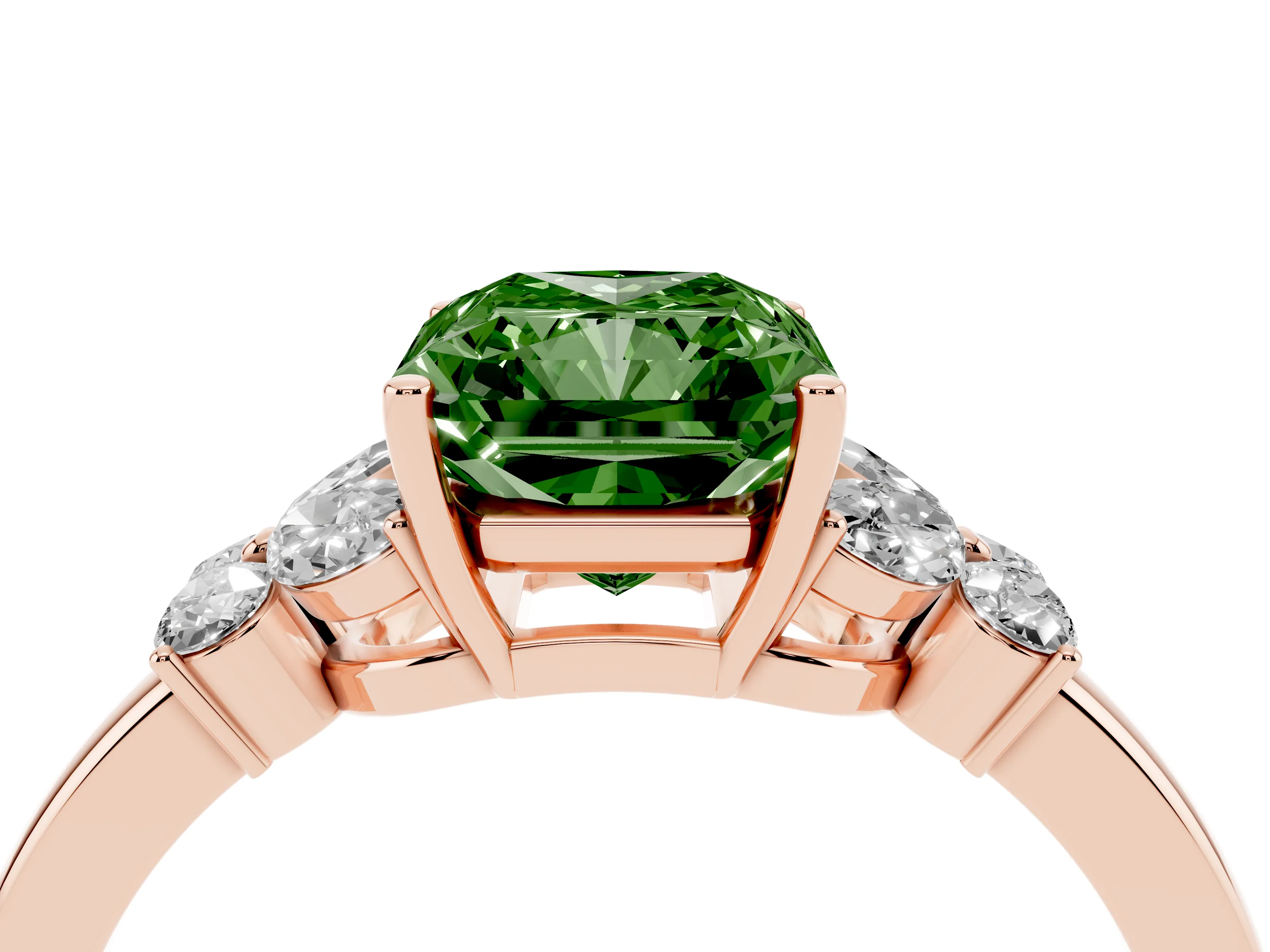 Fancy Green Radiant Cut Diamond Solitaire Floral Ring Set in Rose gold with Marquise Petals and Prong Setting