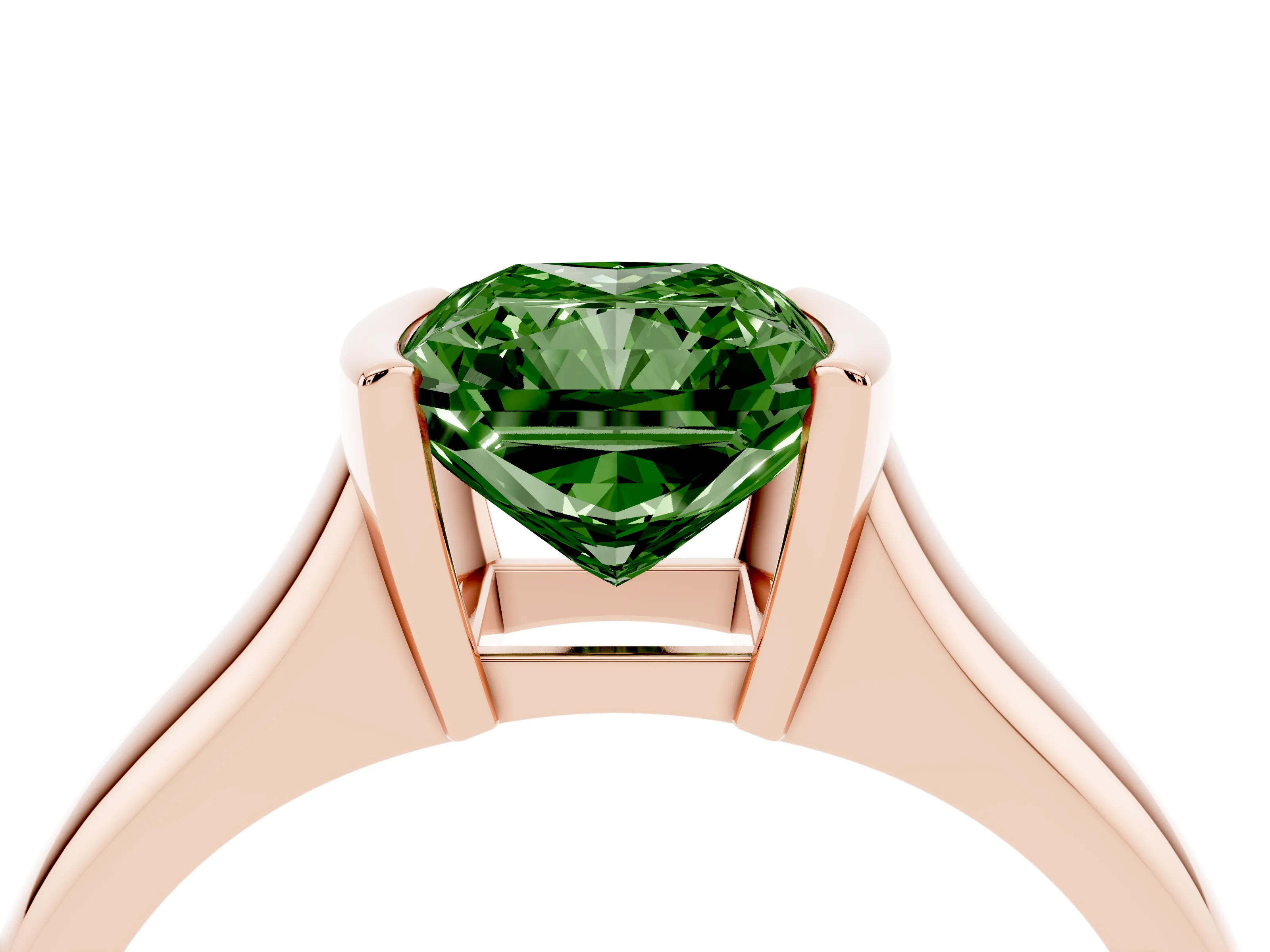 Fancy Green Radiant Cut Diamond Solitaire Tension Set Ring Set in Rose gold with Split Shank Band