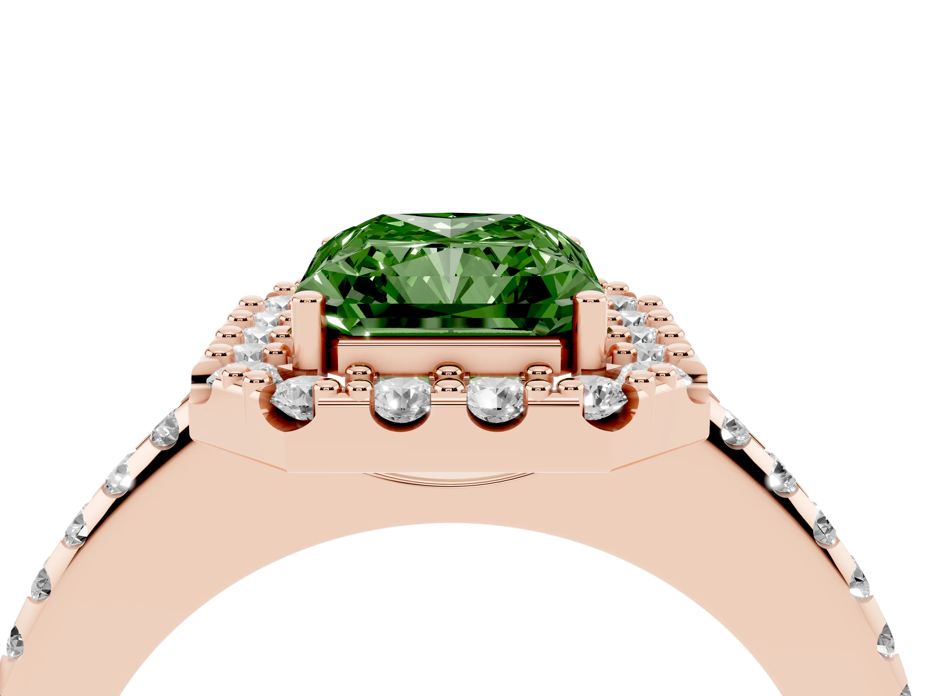 Fancy Green Radiant Cut Diamond Pavé Halo Ring Set in Rose gold with Prong Setting